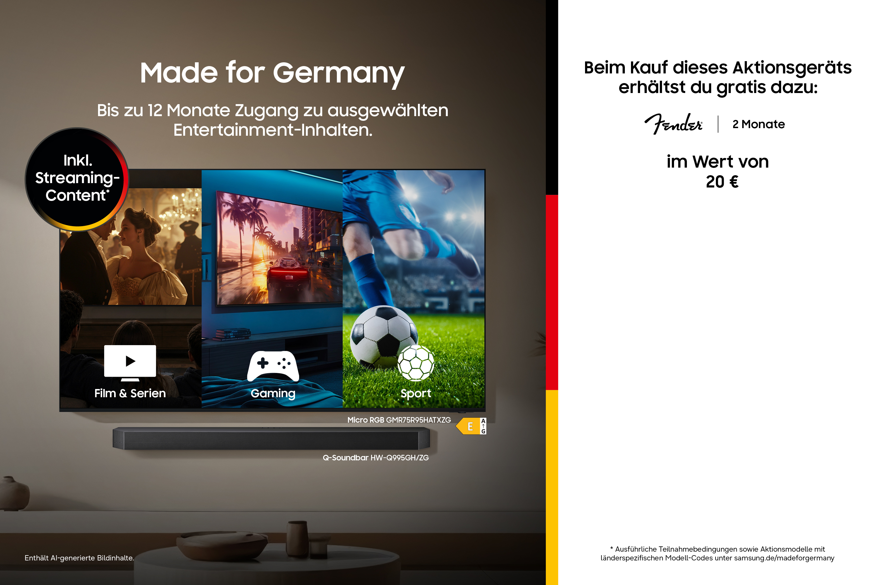 Werbung für Samsung Fernseher mit gratis Fender-Streaming und Soundbar in einem Wohnzimmer.