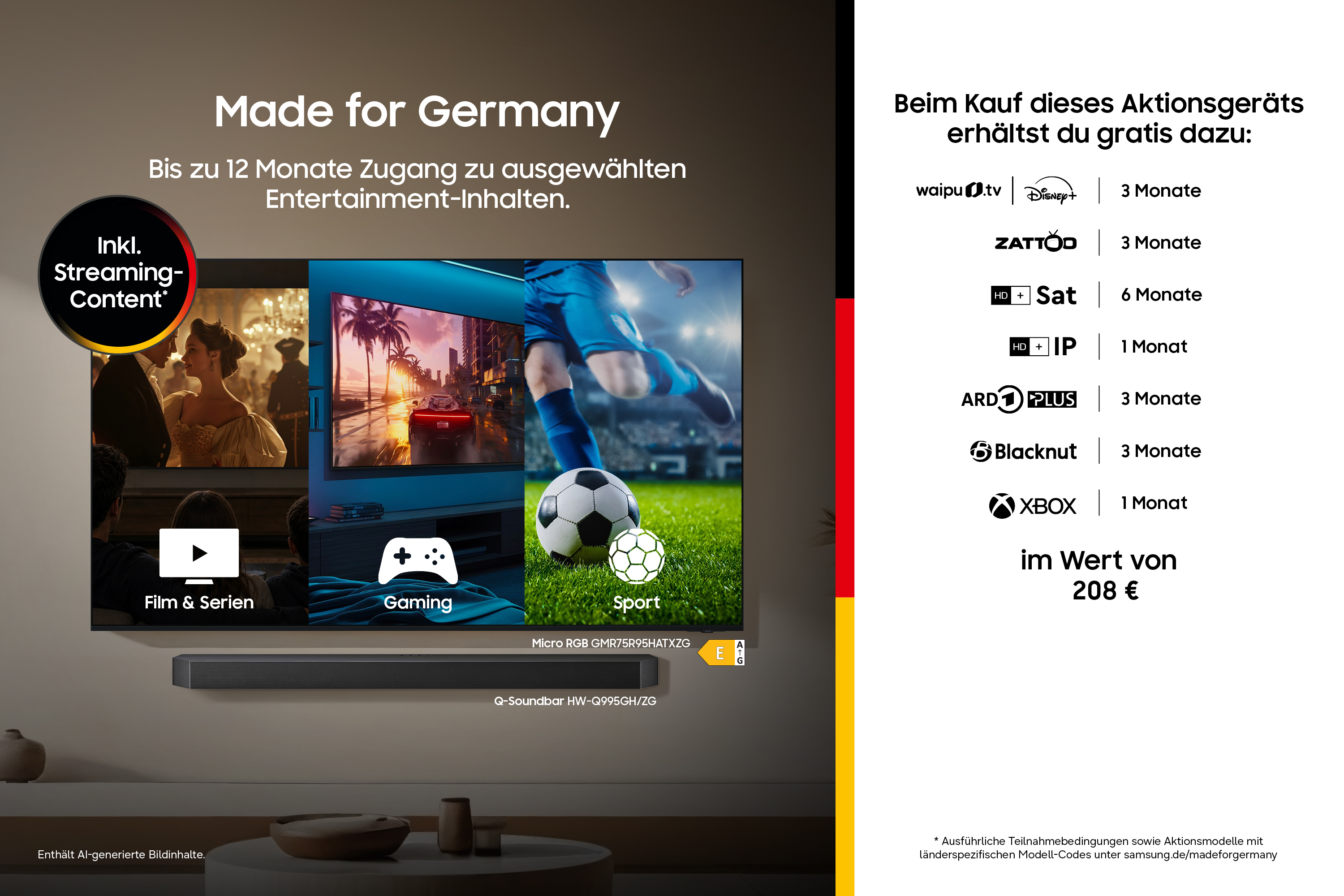 Werbung für Smart-TV mit kostenlosen Streaming-Inhalten und Soundbar im Wohnzimmer.