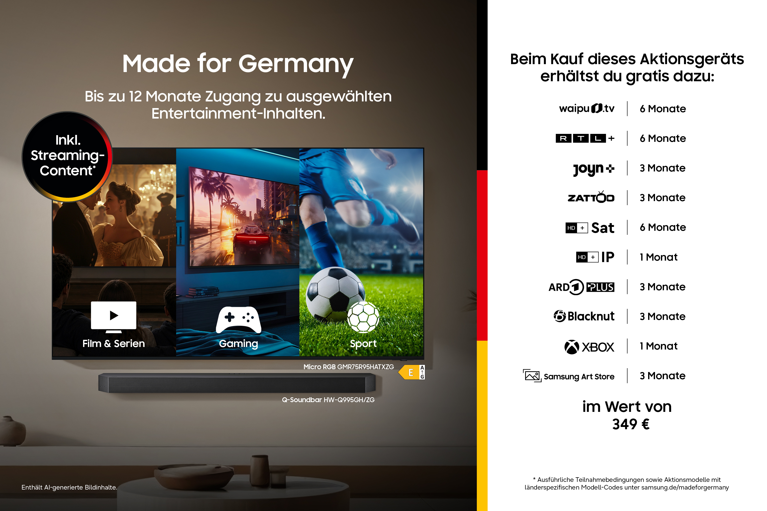 Werbung für Samsung Fernseher mit gratis Streaming-Inhalten im Wert von 349 Euro.
