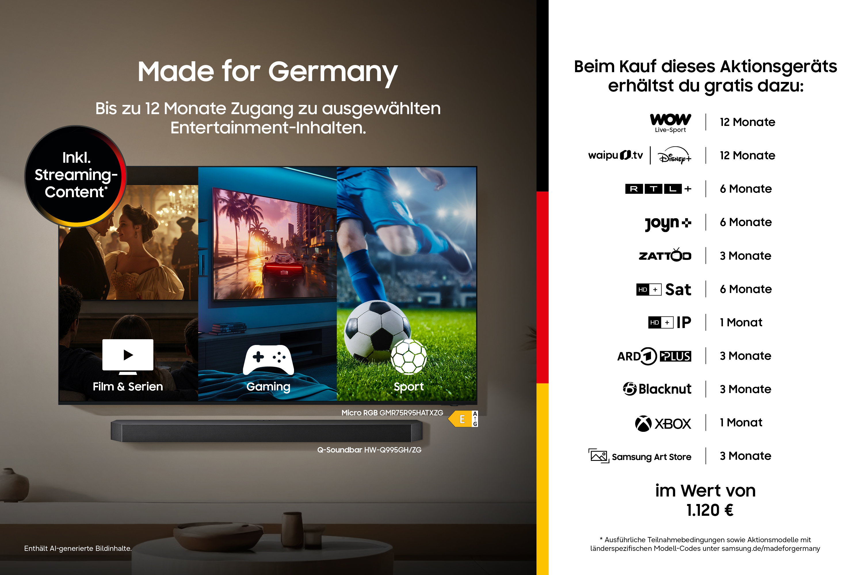 Werbung für Samsung-TV zeigt Entertainment-Angebote mit gratis Streaming-Diensten im Wert von 1.120 €.