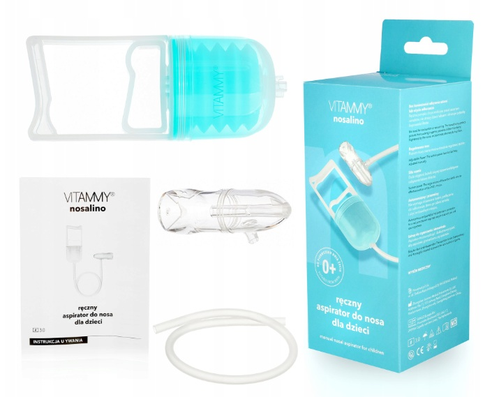 Ręczny aspirator do nosa Vitammy Nosalino dla dzieci z pudełkiem, instrukcją, wężykiem i częściami na białym.