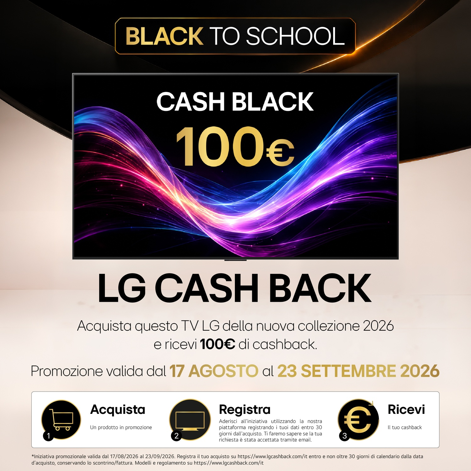 Banner promozionale LG Cash Back con TV e rimborso di 100€.