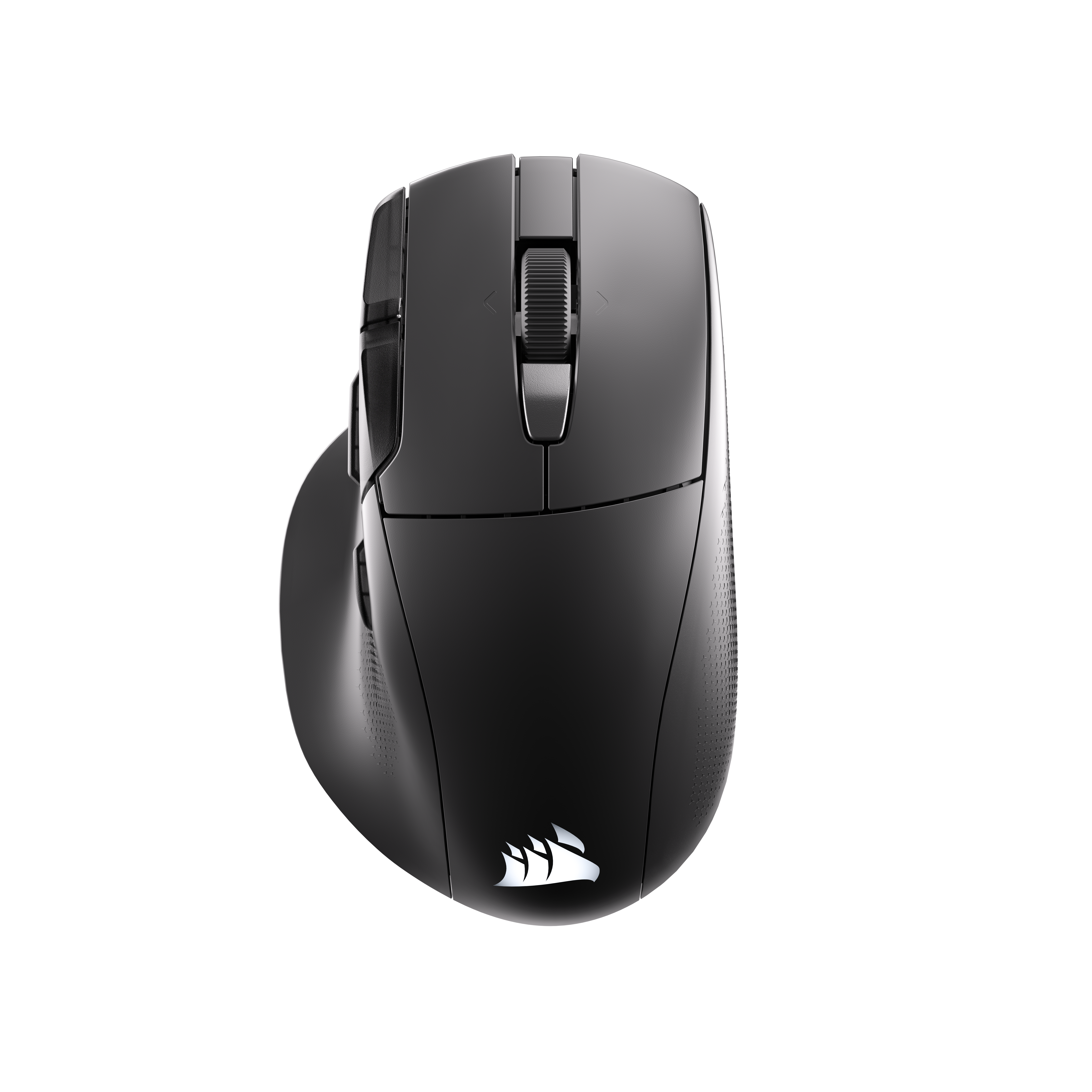 Eine schwarze kabellose Gaming-Maus mit Daumenauflage vor weißem Hintergrund.