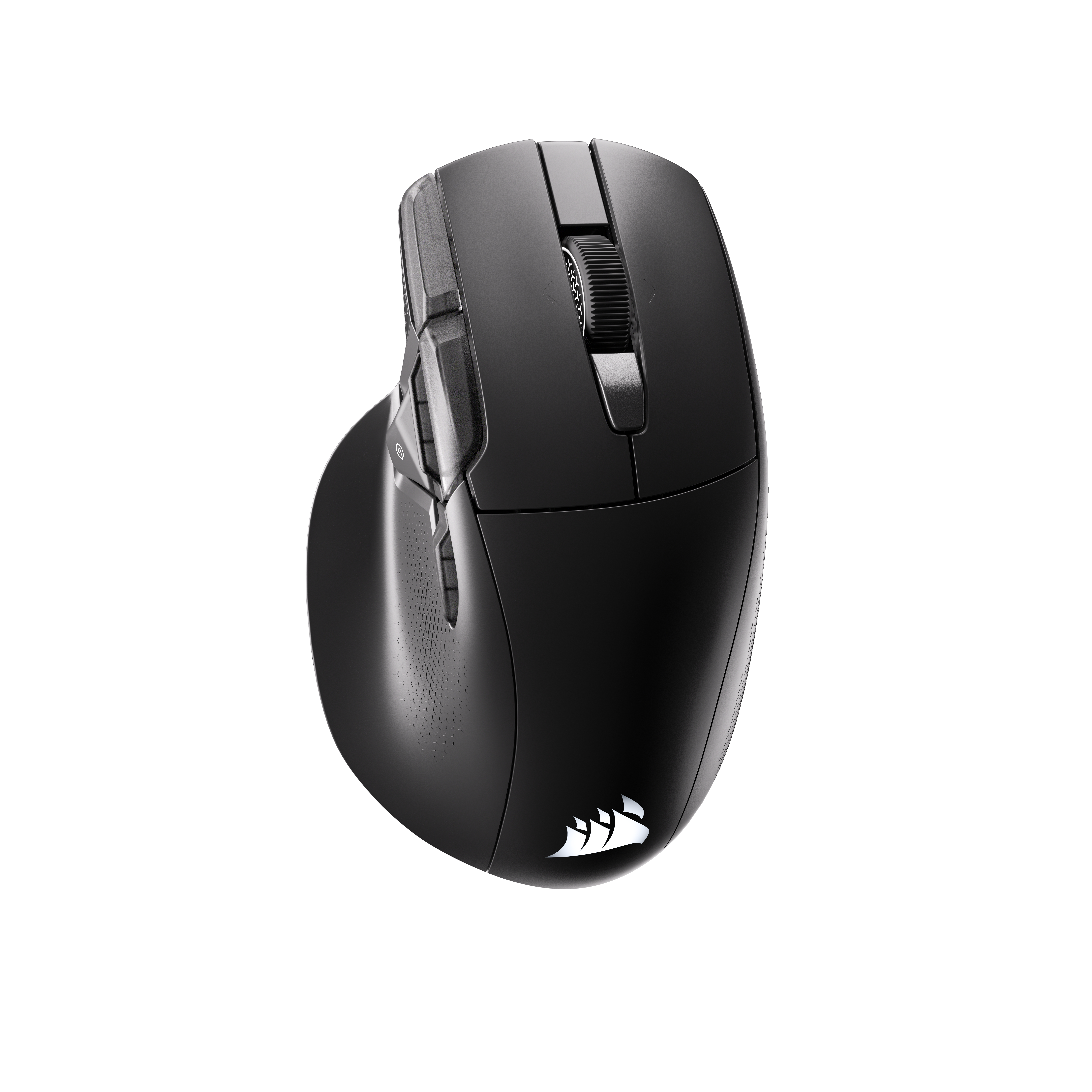 Eine schwarze, ergonomische kabellose Gaming-Maus mit mehreren Seitentasten und einem leuchtenden weißen Corsair-Logo.