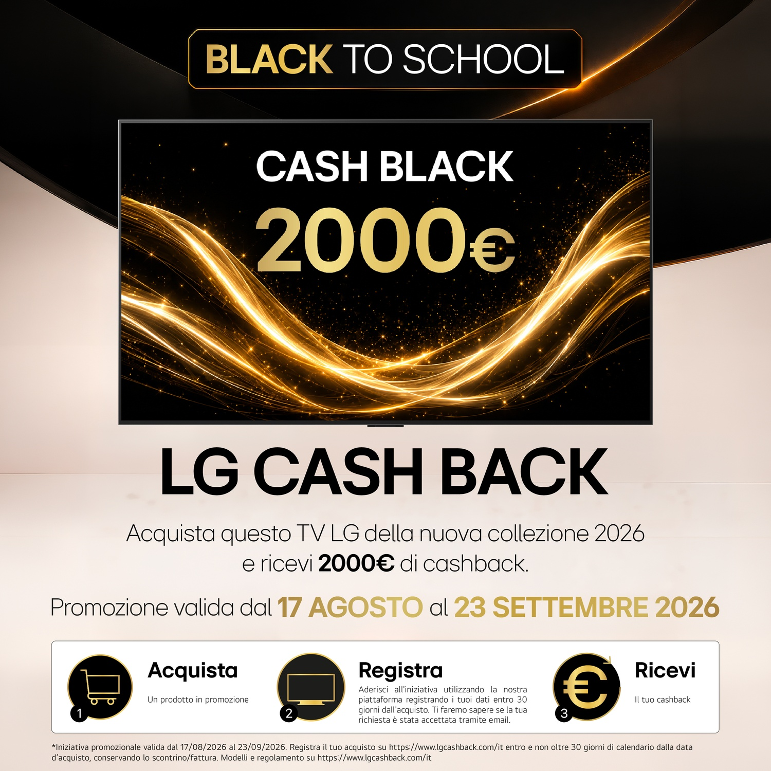 Una promo cashback LG mostra una TV con onde di luce dorate e testo 2000 euro.