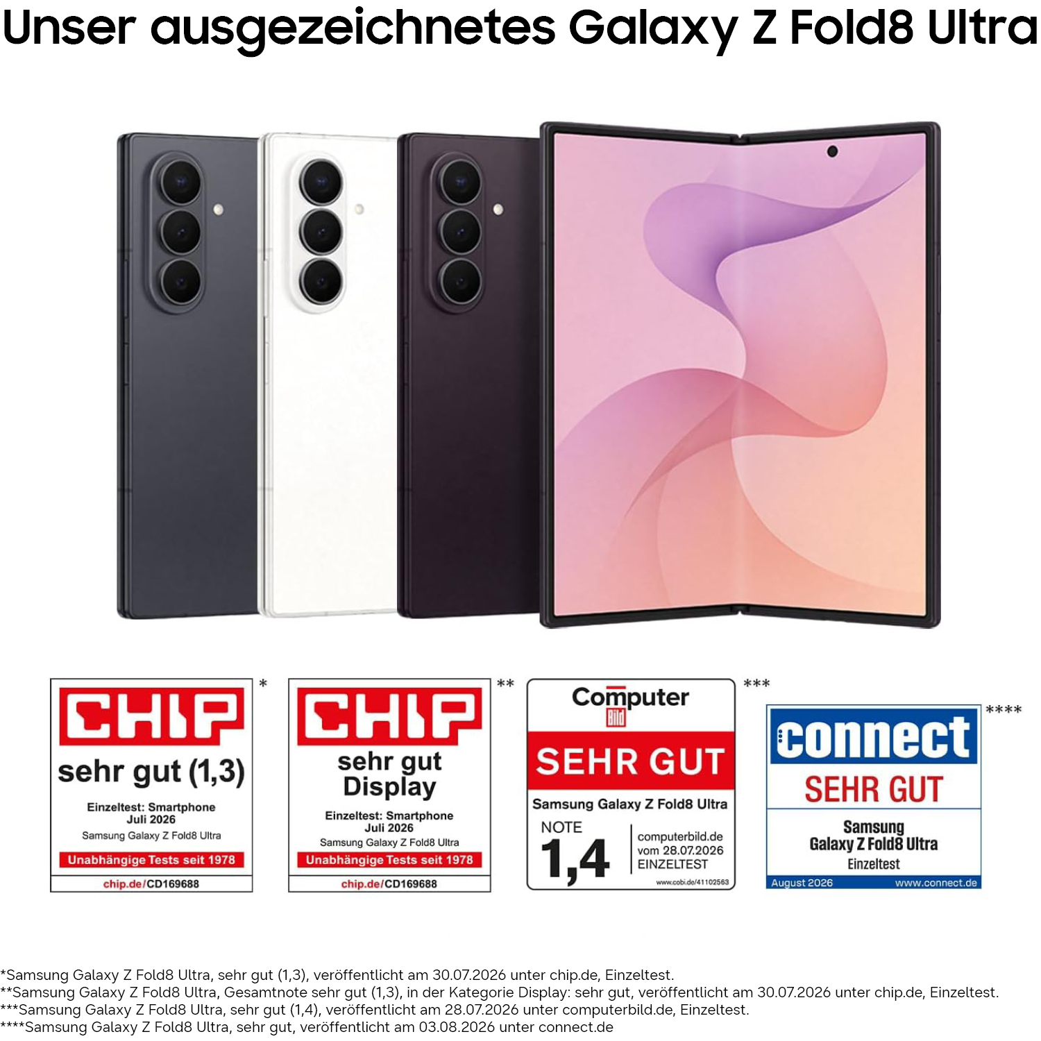 Vier Galaxy Z Fold8 Ultra Smartphones in verschiedenen Farben mit Auszeichnungen von CHIP, Computer Bild und Connect.