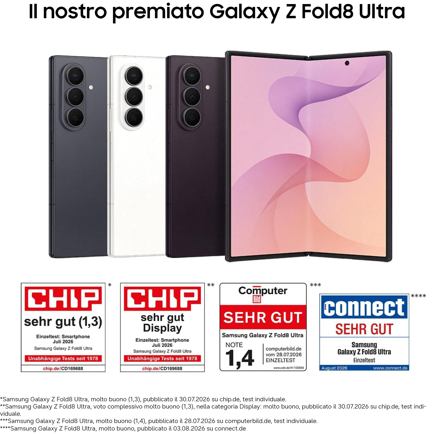 Quattro smartphone Galaxy Z Fold8 Ultra in vari colori con badge di recensione.