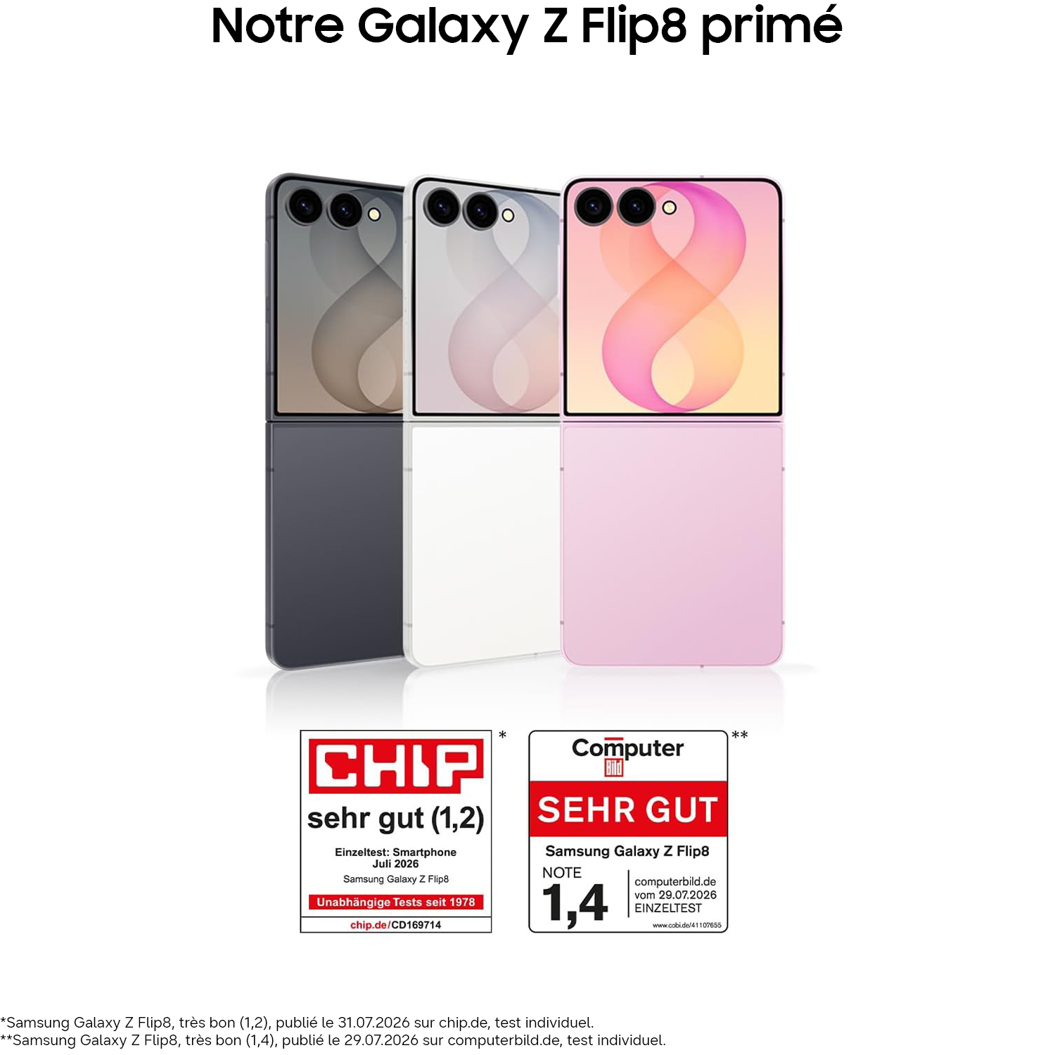 Trois smartphones Samsung Galaxy Z Flip8 gris, blanc et rose, présentés avec deux récompenses de CHIP et Computer Bild.