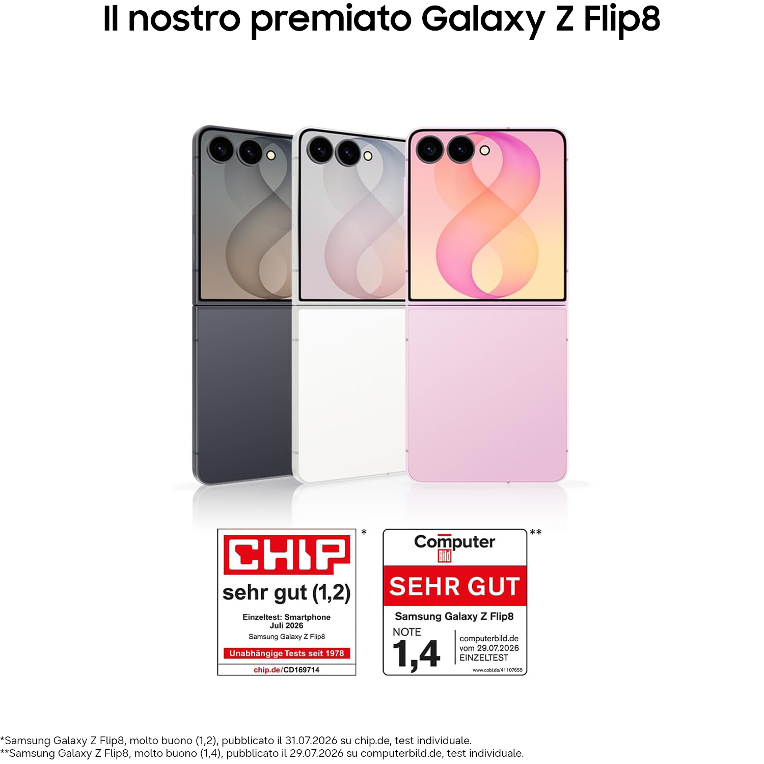 Tre smartphone Galaxy Z Flip8 in grigio, bianco e rosa, con riconoscimenti di Chip e Computer Bild.