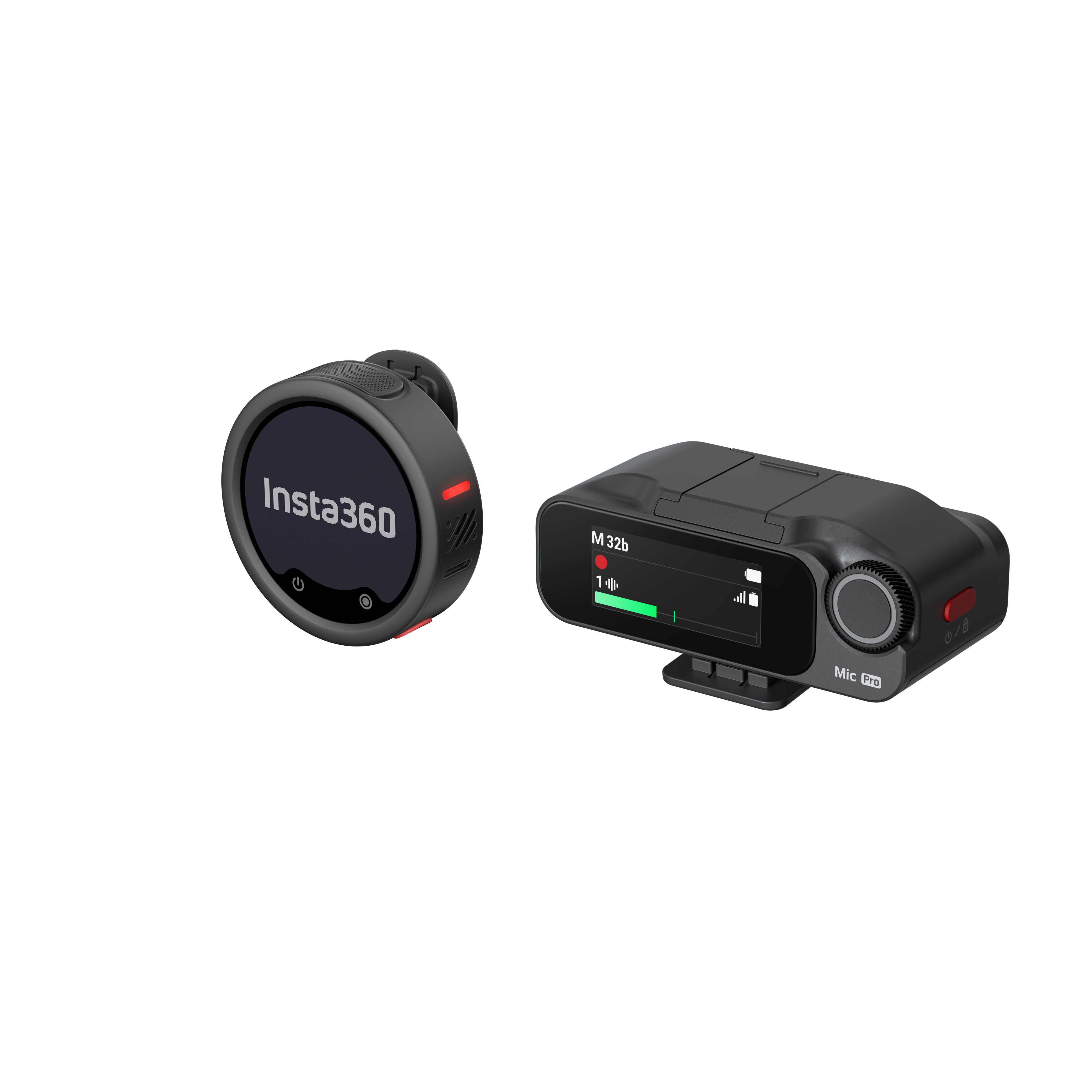 Zwei schwarze Geräte, links eine runde Insta360-Kamera und rechts ein digitales Mic Pro-Audiogerät.