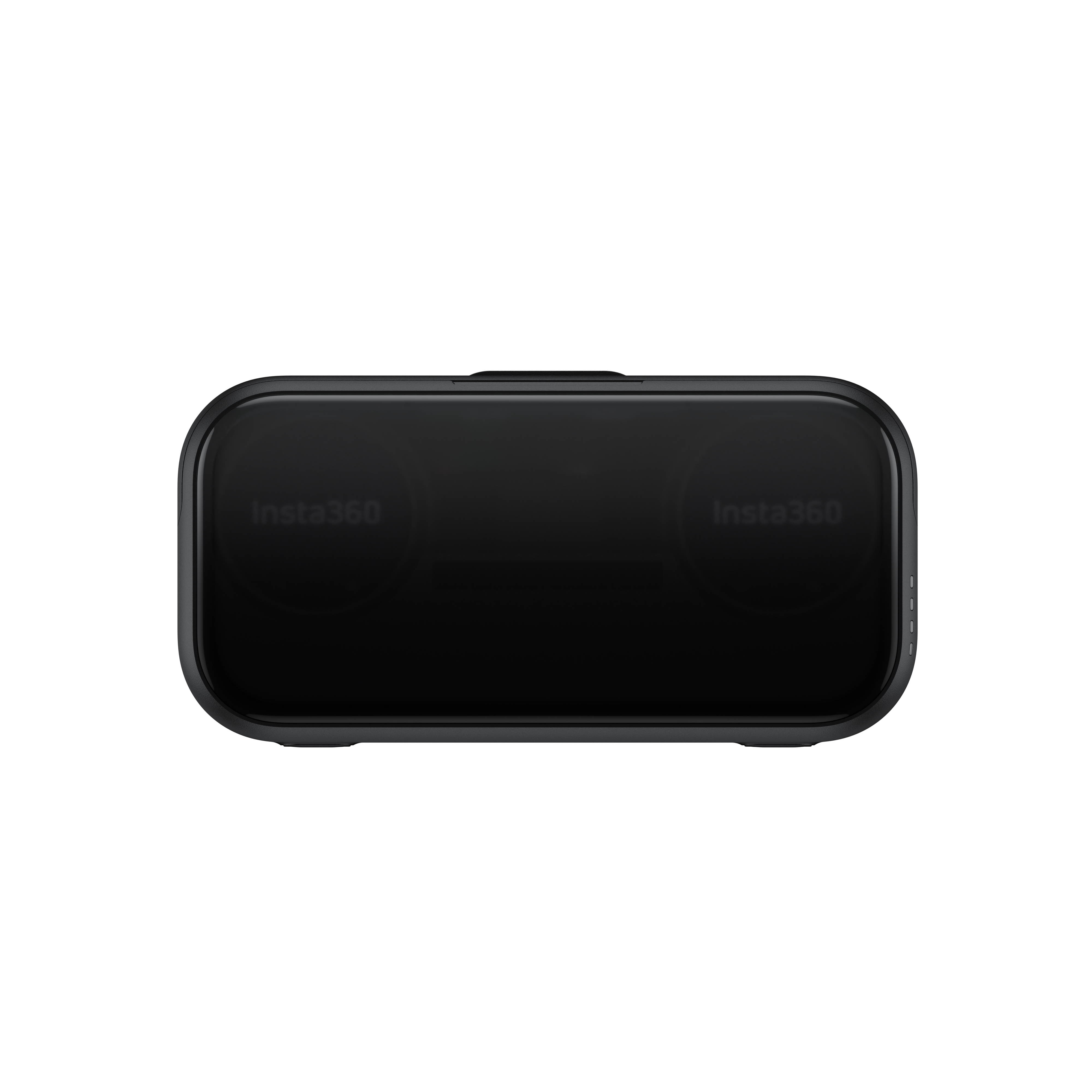 Ein schwarzes Insta360-Gerät mit abgerundeten Ecken und LEDs auf der rechten Seite vor weißem Hintergrund.