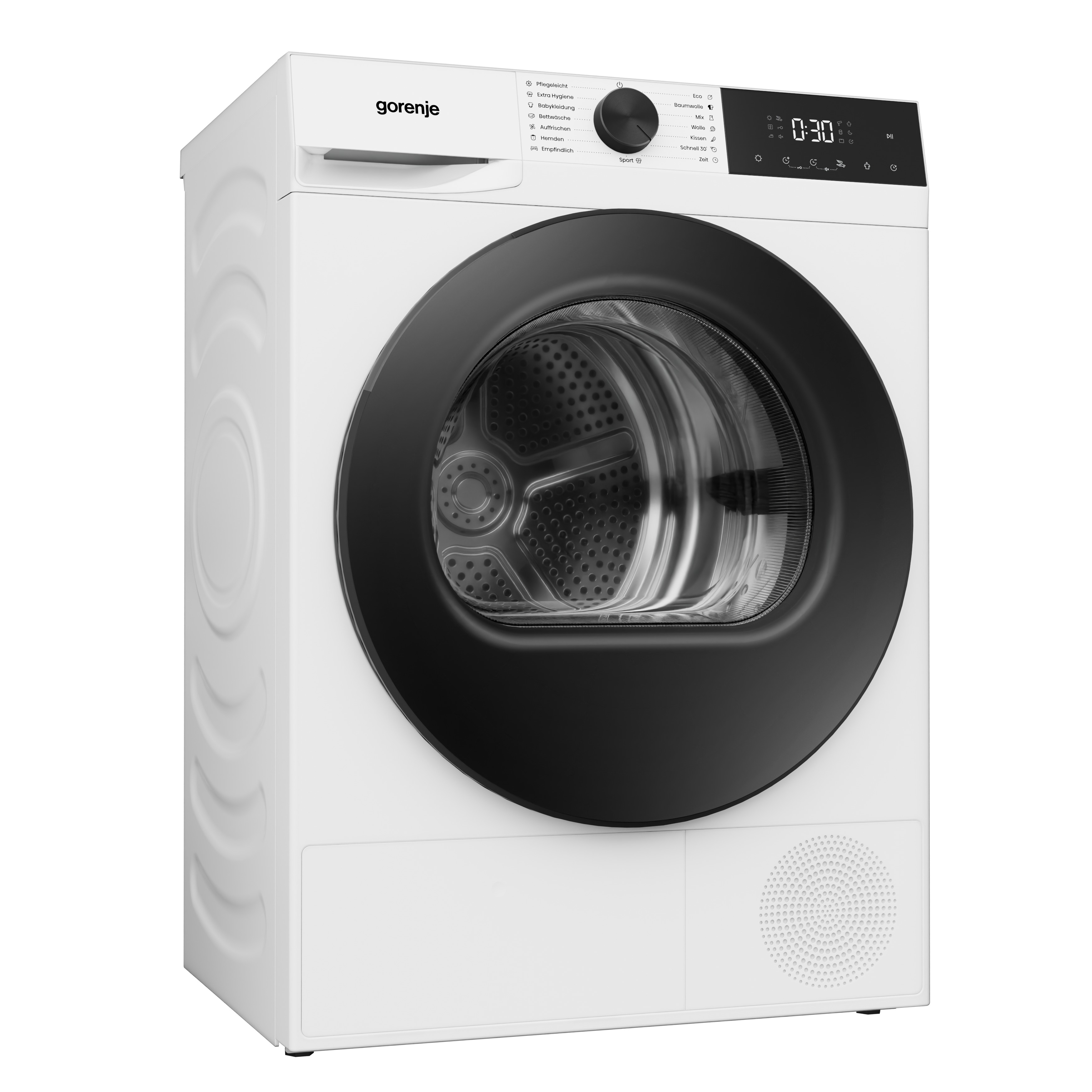 Egy fehér Gorenje szárítógép fekete üvegajtóval és digitális kijelzővel.