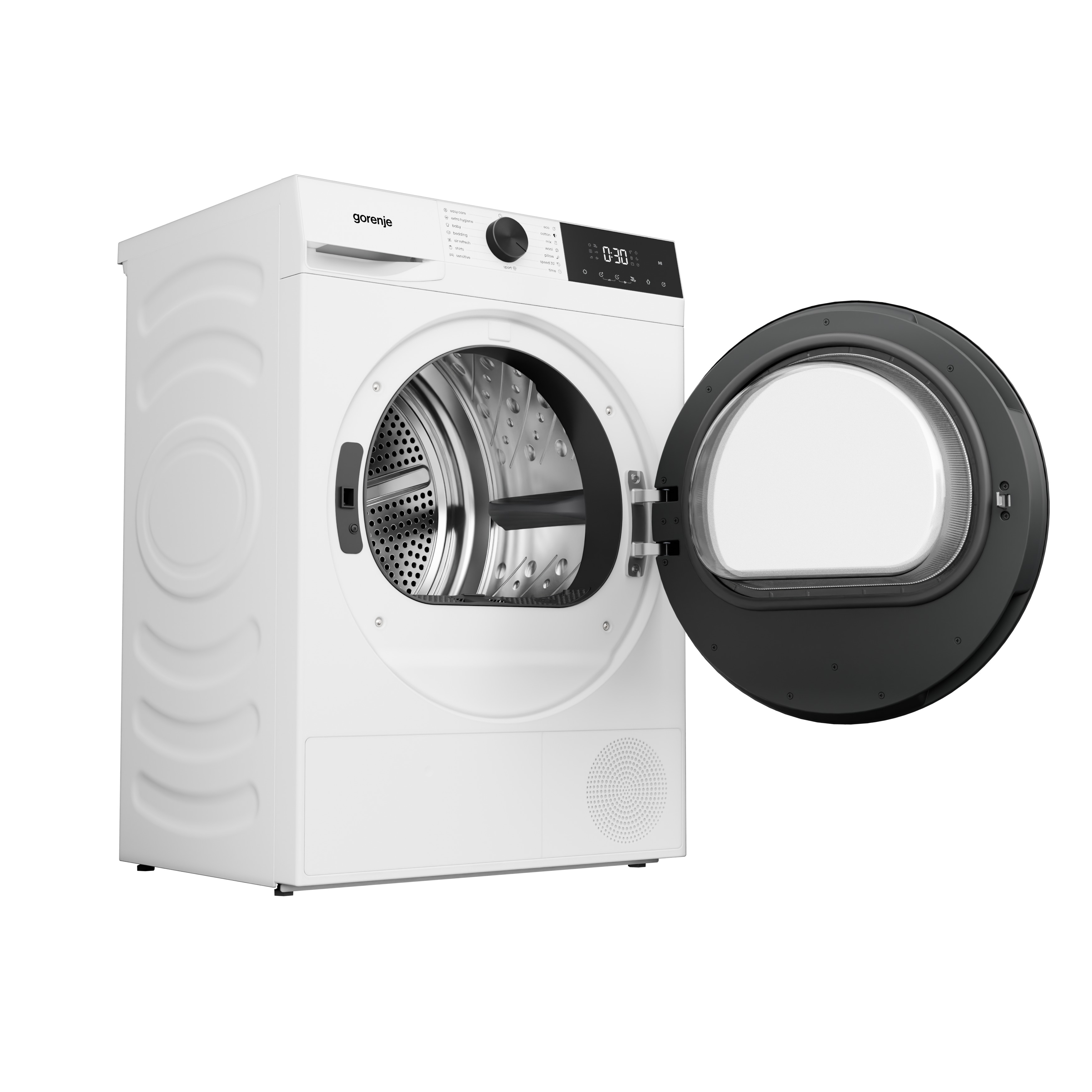 Fehér Gorenje szárítógép nyitott dobojtajtóval és digitális kijelzővel fehér háttér előtt.