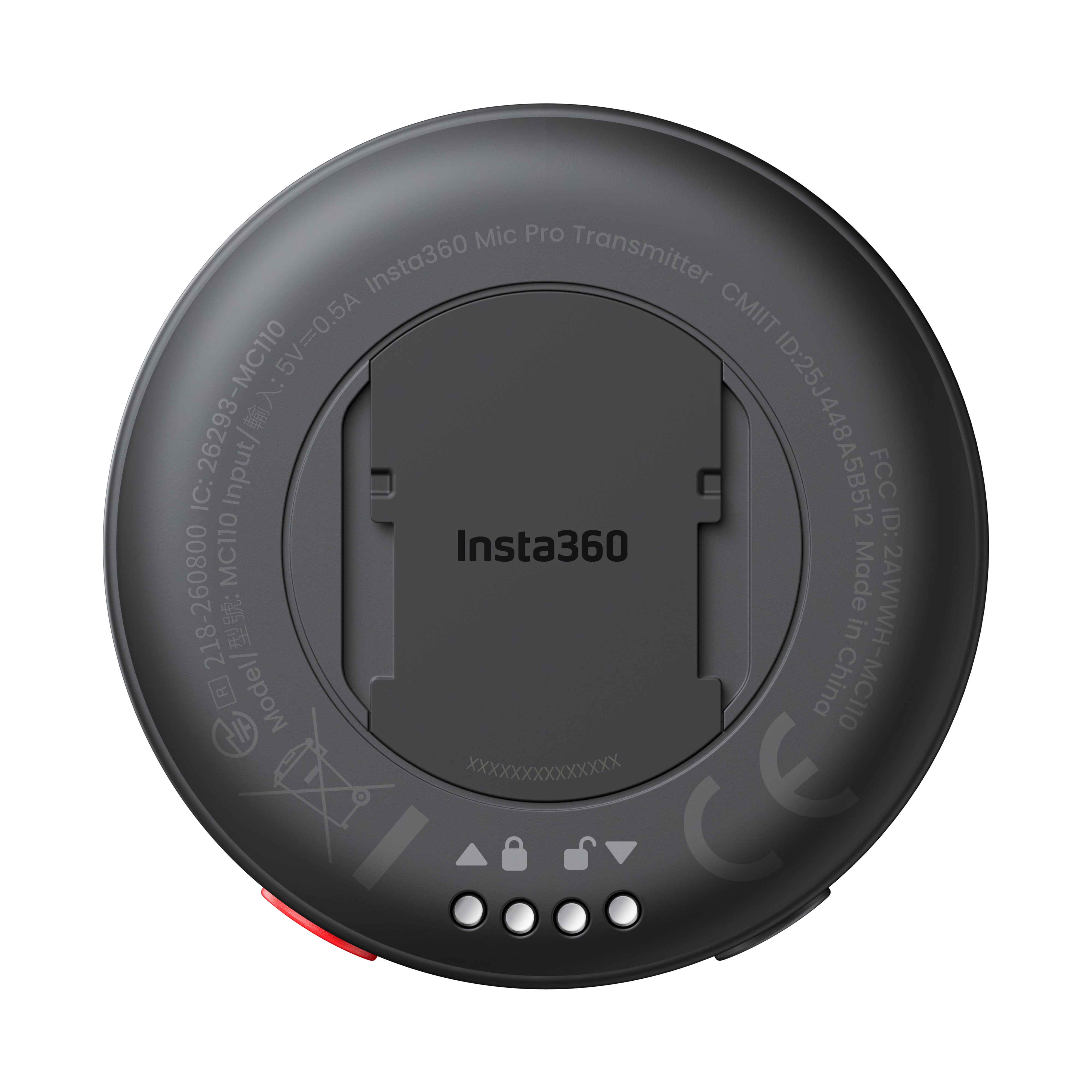 Rückseite eines runden Insta360-Mikrofongehäuses mit Clip, CE-Kennzeichnung und vier Metallkontakten unten.