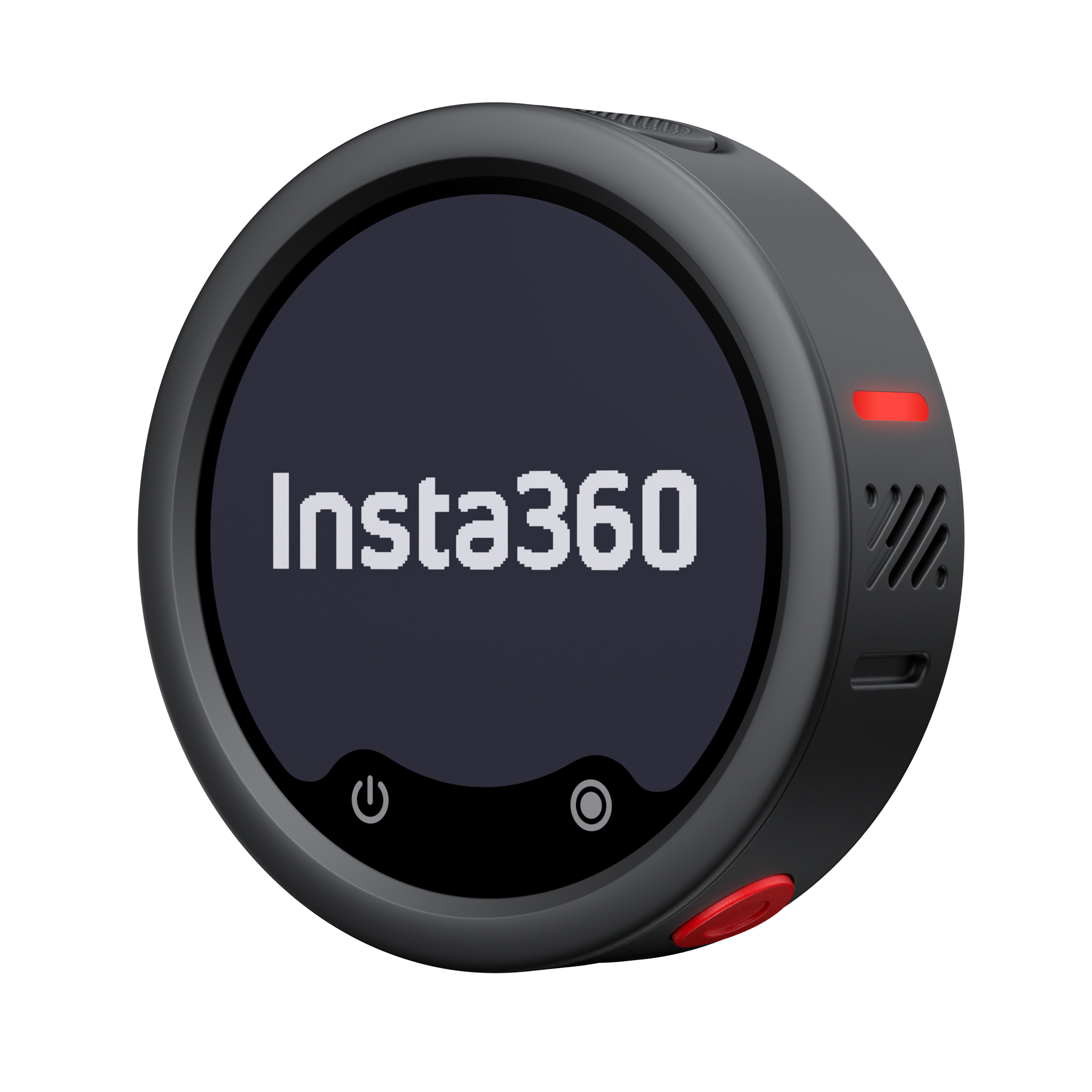 Runde schwarze Insta360-Kamera mit rundem Display, roter Anzeige und Seitentasten auf weißem Hintergrund.