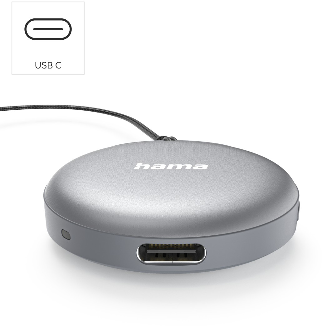 Kerek, ezüstszínű Hama USB-C elosztó fekete kábellel és porttal.