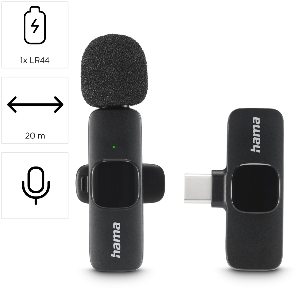 Egy fekete Hama csíptetős mikrofon szélvédővel, adóval és USB-C vevővel fehér háttérstúdióban, ikonokkal.