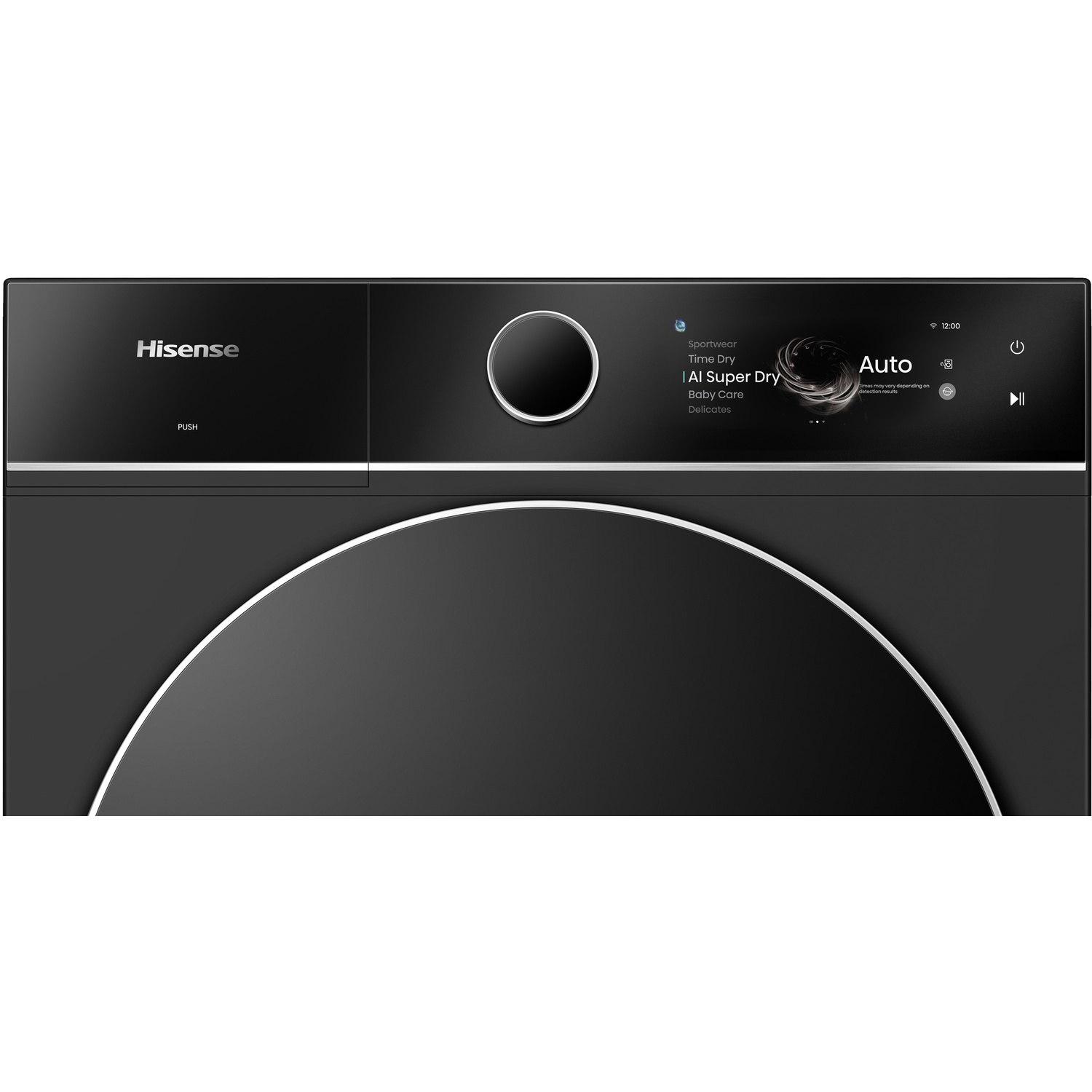 Front view of a black Hisense washing machine with digital display and rotary knob.