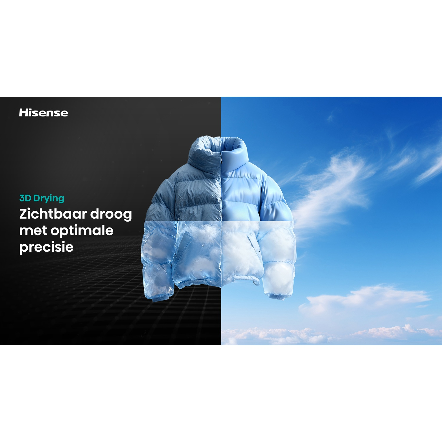 A light blue puffer jacket split between dark and bright sky backgrounds, advertising Hisense 3D Drying.