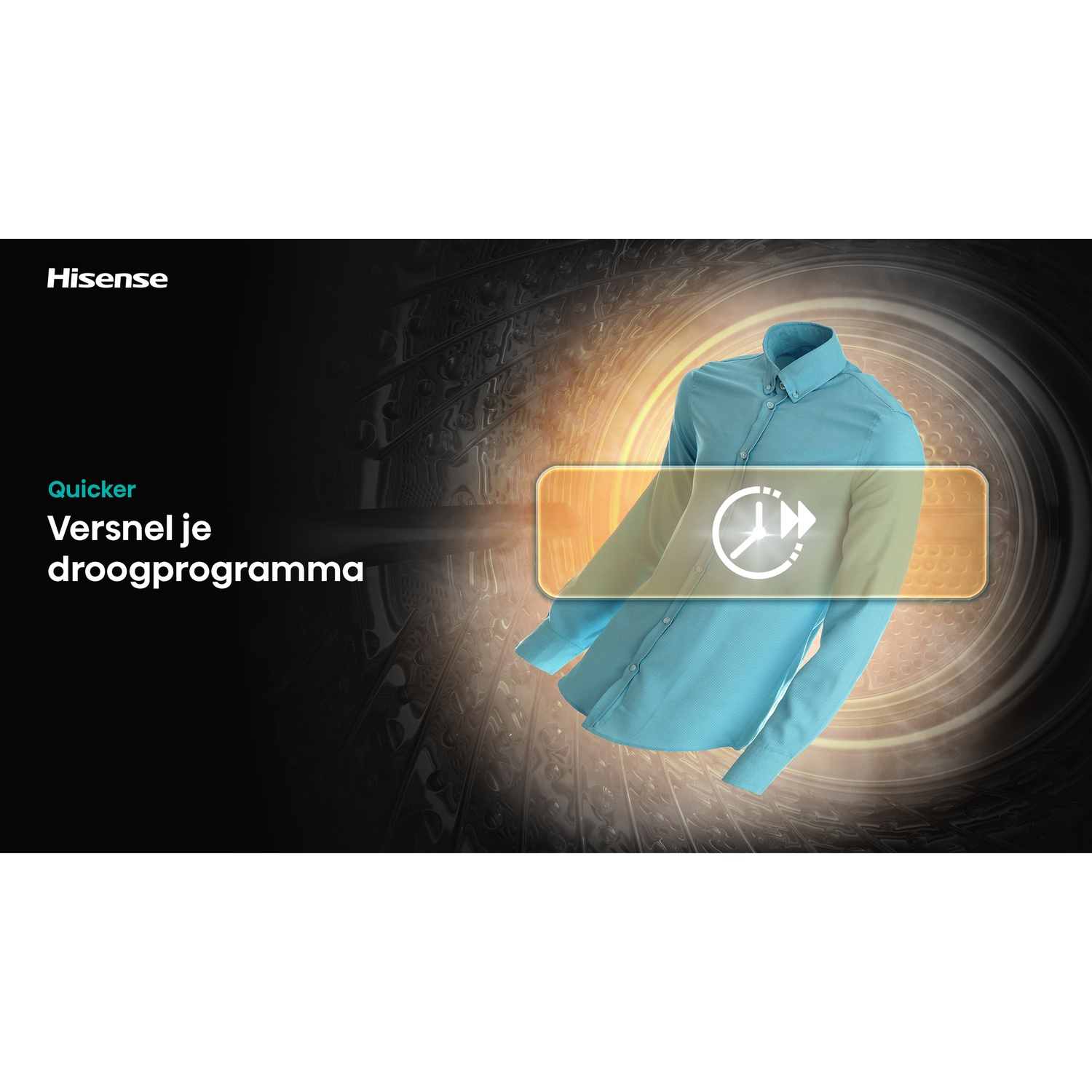 Turquoise shirt inside a washing drum with a clock icon and Hisense logo.