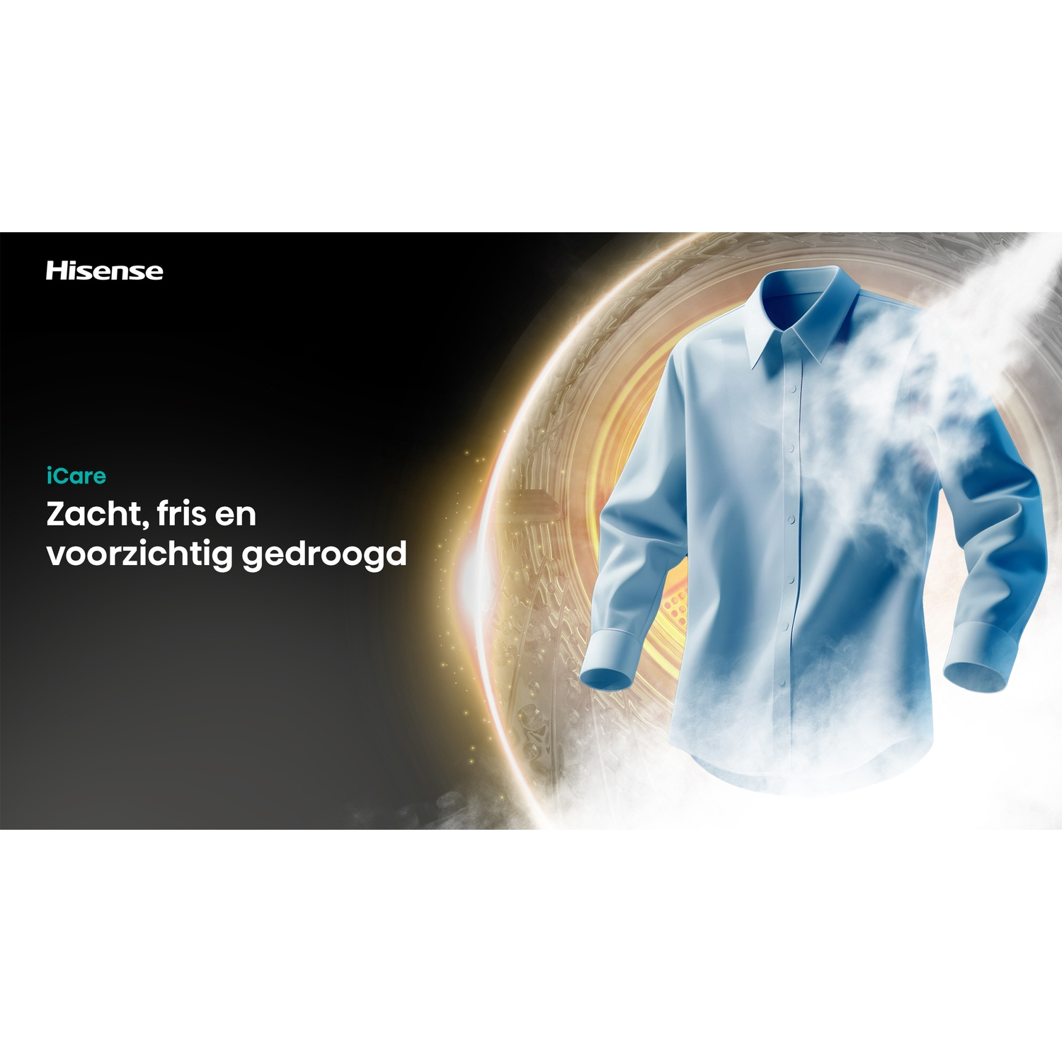 A light blue shirt surrounded by steam, with Hisense logo and Dutch text on a dark background.