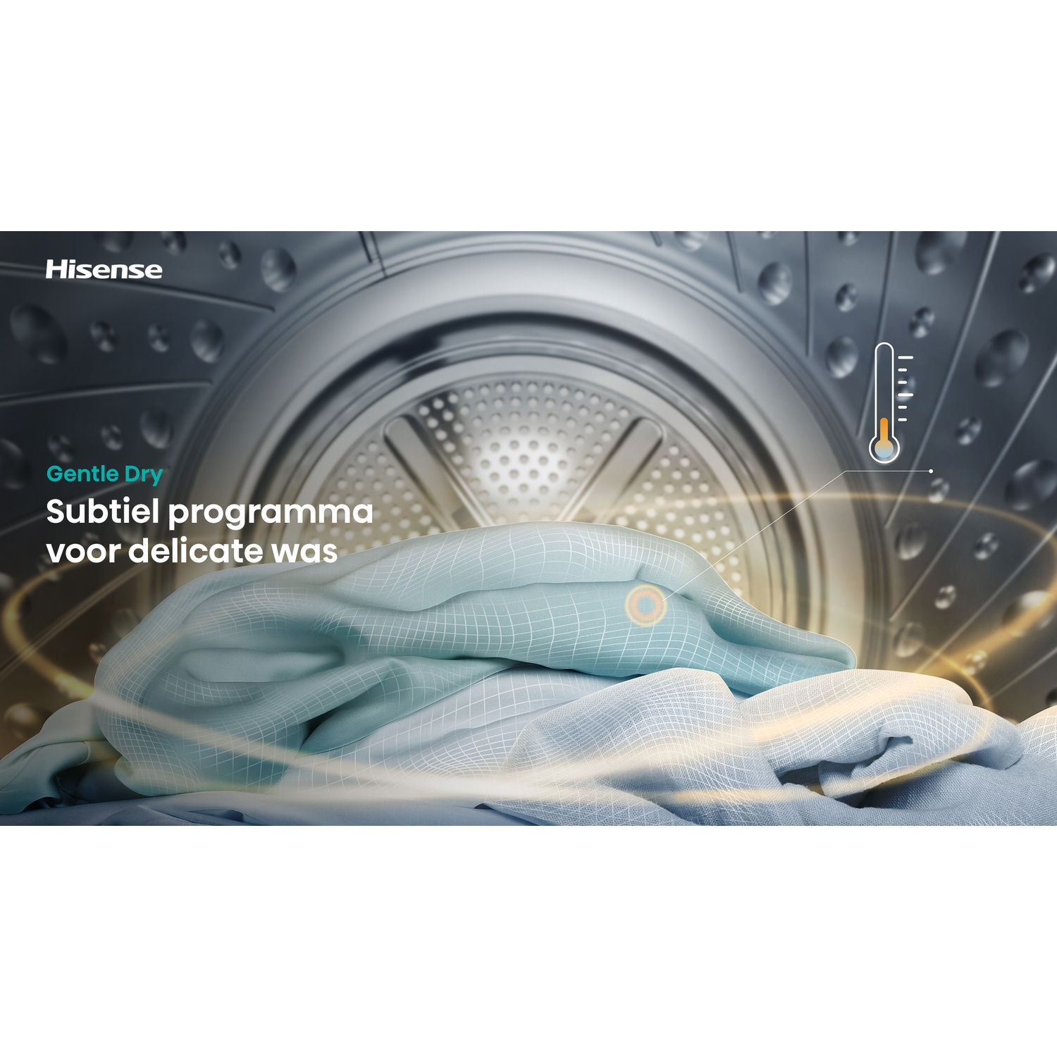A Hisense dryer drum with folded light blue fabric inside, highlighting gentle dry for delicate laundry.