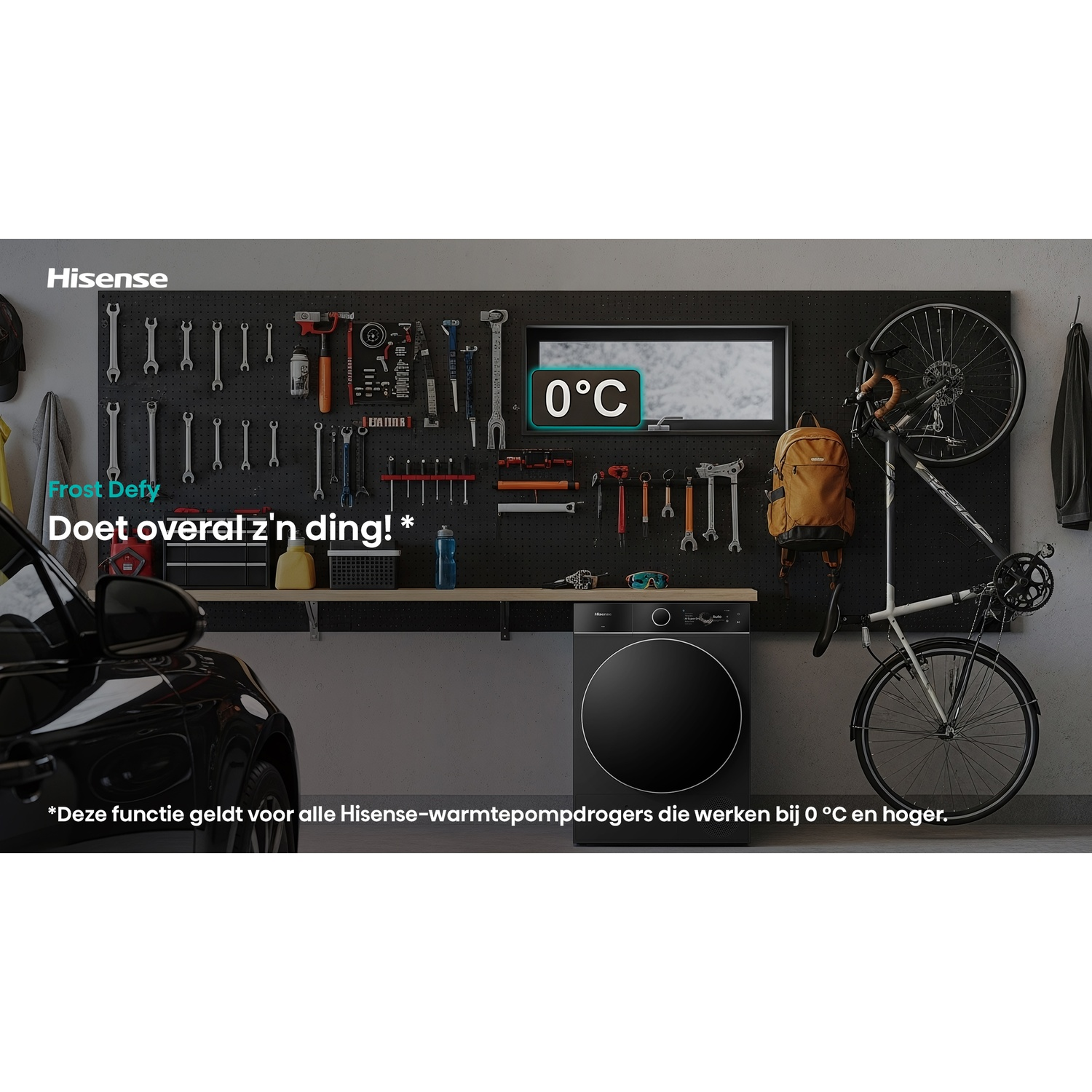 A black Hisense dryer sits in a garage with a tool board, bike, car, and a 0°C display showing cold resistance.