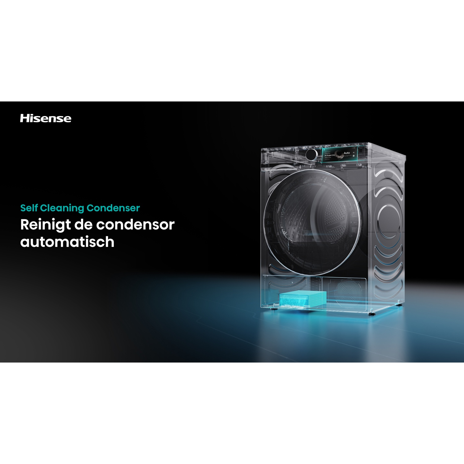Transparent Hisense dryer showing inner parts, with text about self-cleaning condenser against a dark background.