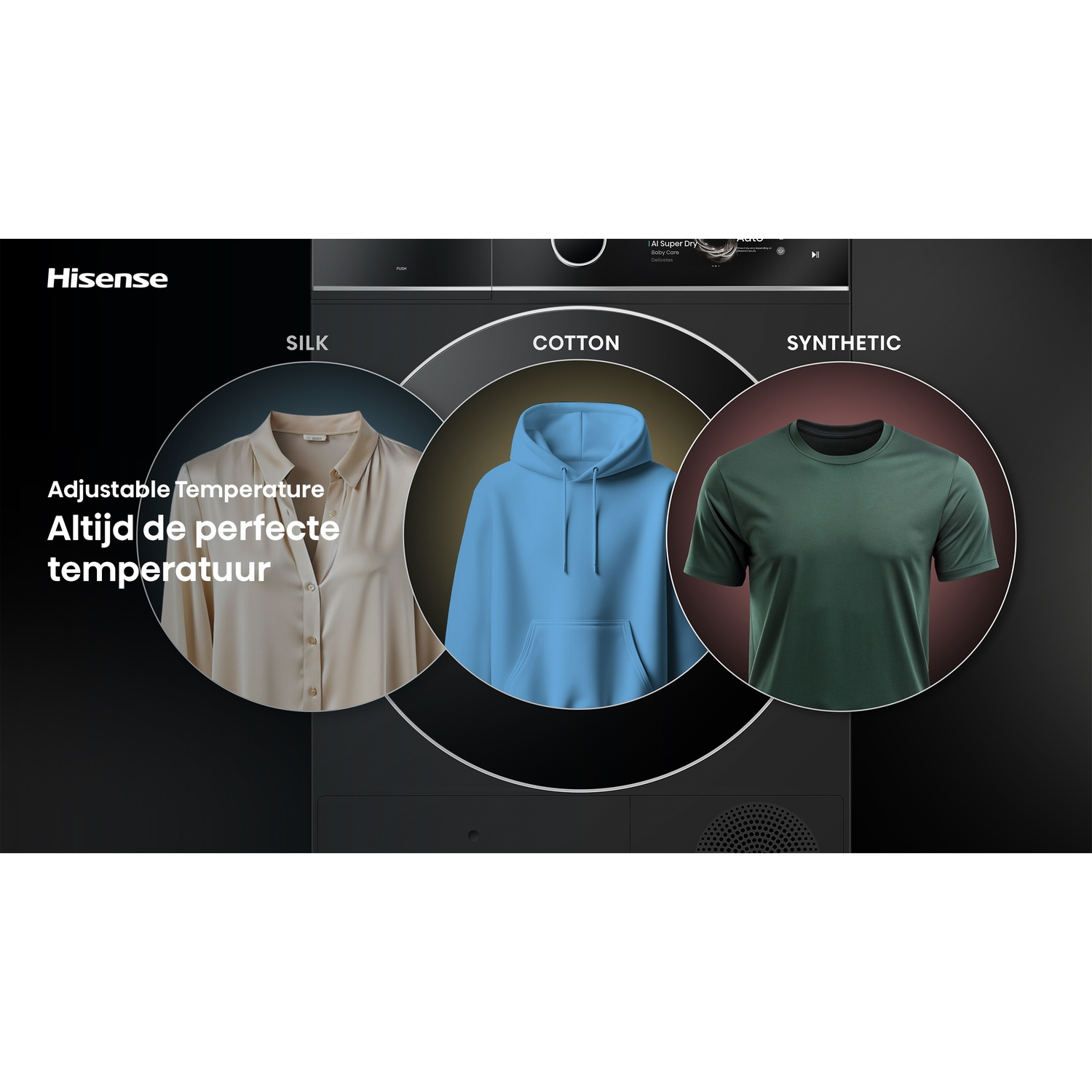 Hisense washing machine featuring circular displays for silk, cotton, and synthetic.