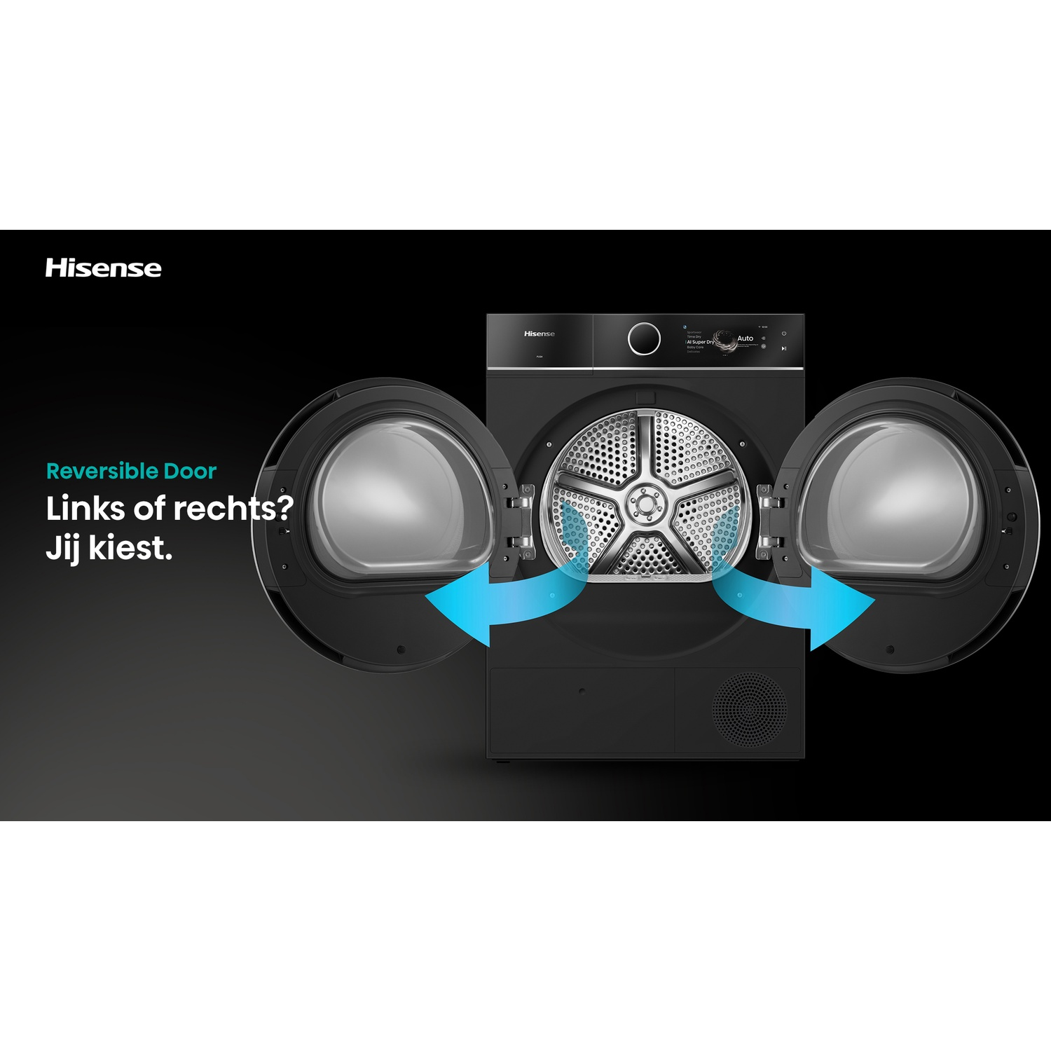 A black Hisense tumble dryer shows its reversible door opening in two directions, with Dutch promotional text.