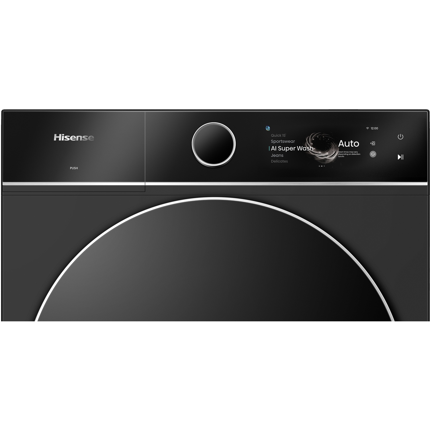 Black Hisense washing machine control panel with a digital display, rotary knob, and circular door opening below.