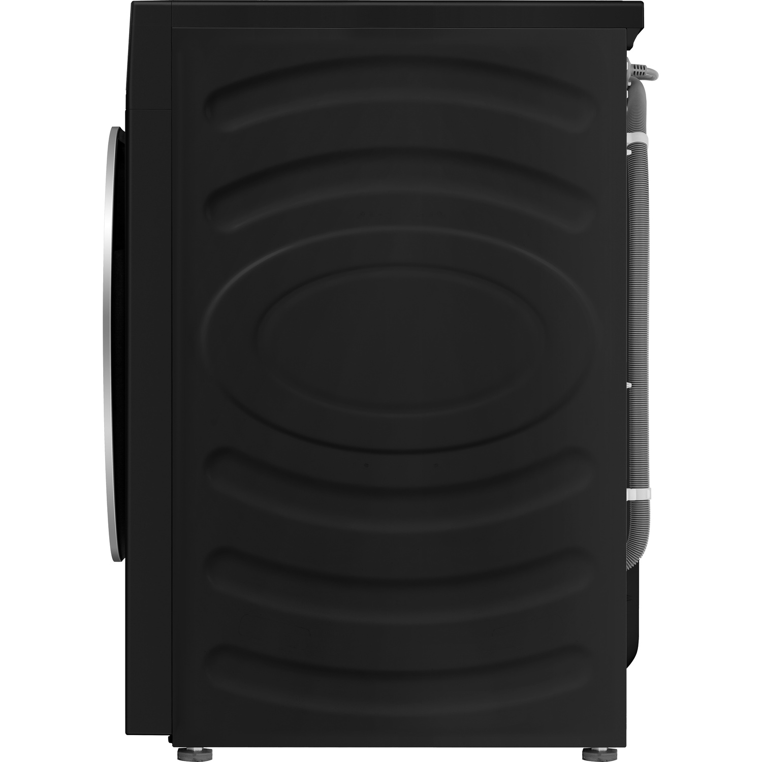 Side view of a black washing machine showing its textured side panel and drainage hose in the back.