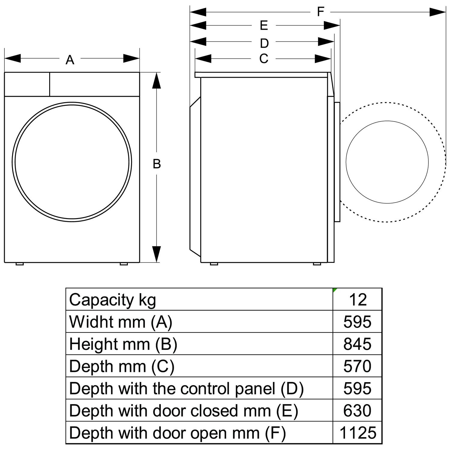 Technical drawing of a washing machine with front and side views and a dimension table.