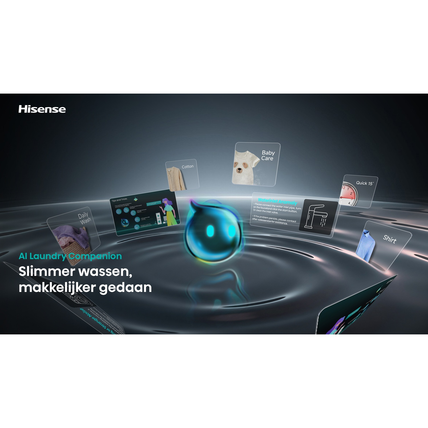 A Hisense AI Laundry Companion graphic with floating icons of laundry modes over a rippled dark liquid surface.
