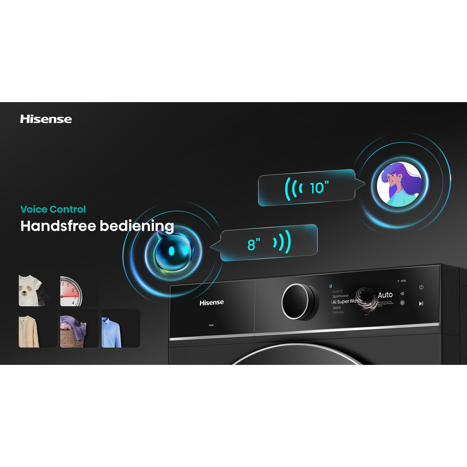 Hisense washing machine with voice control and digital display on a black background.