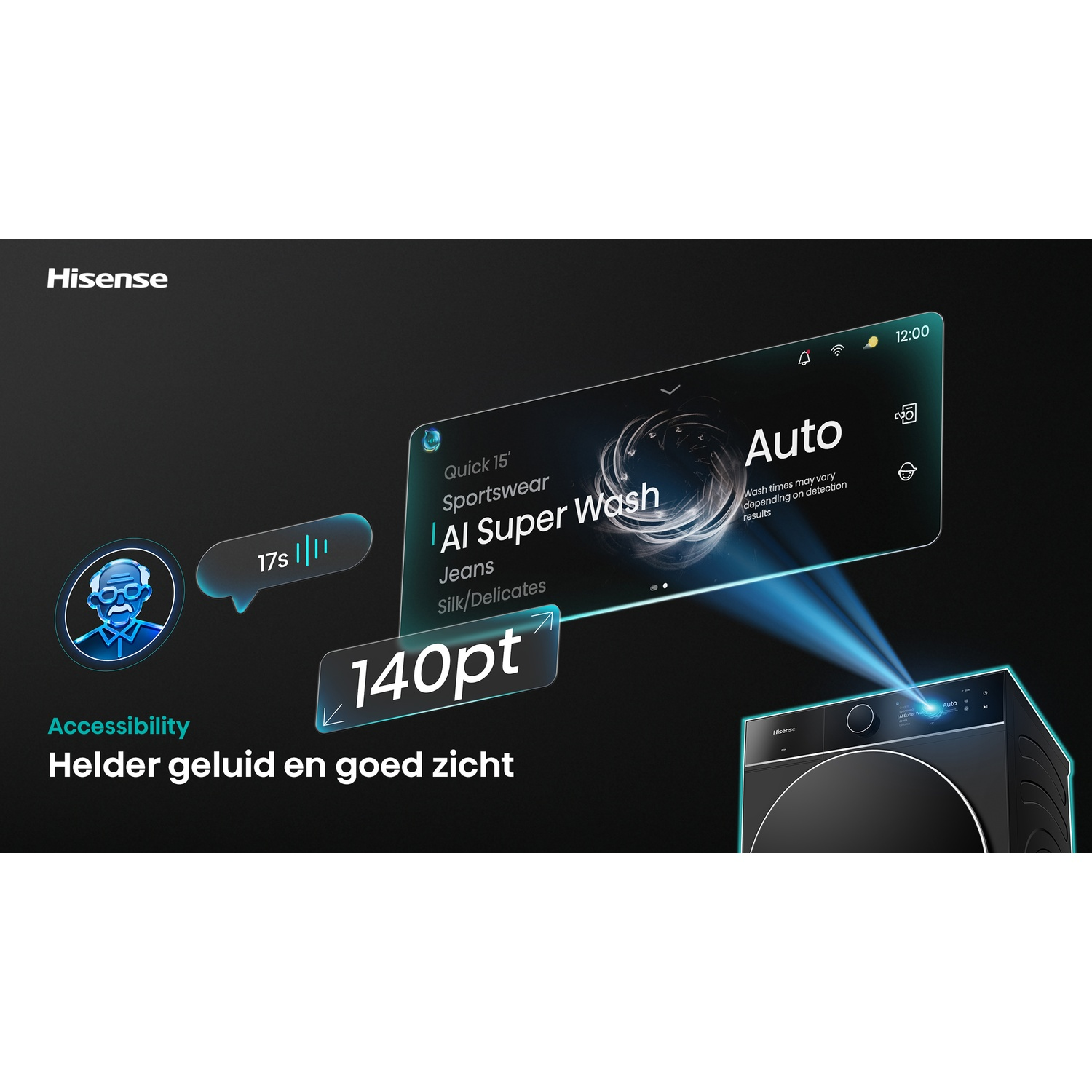 A Hisense washing machine with a projected display showing accessibility features, large text, and clear sound.