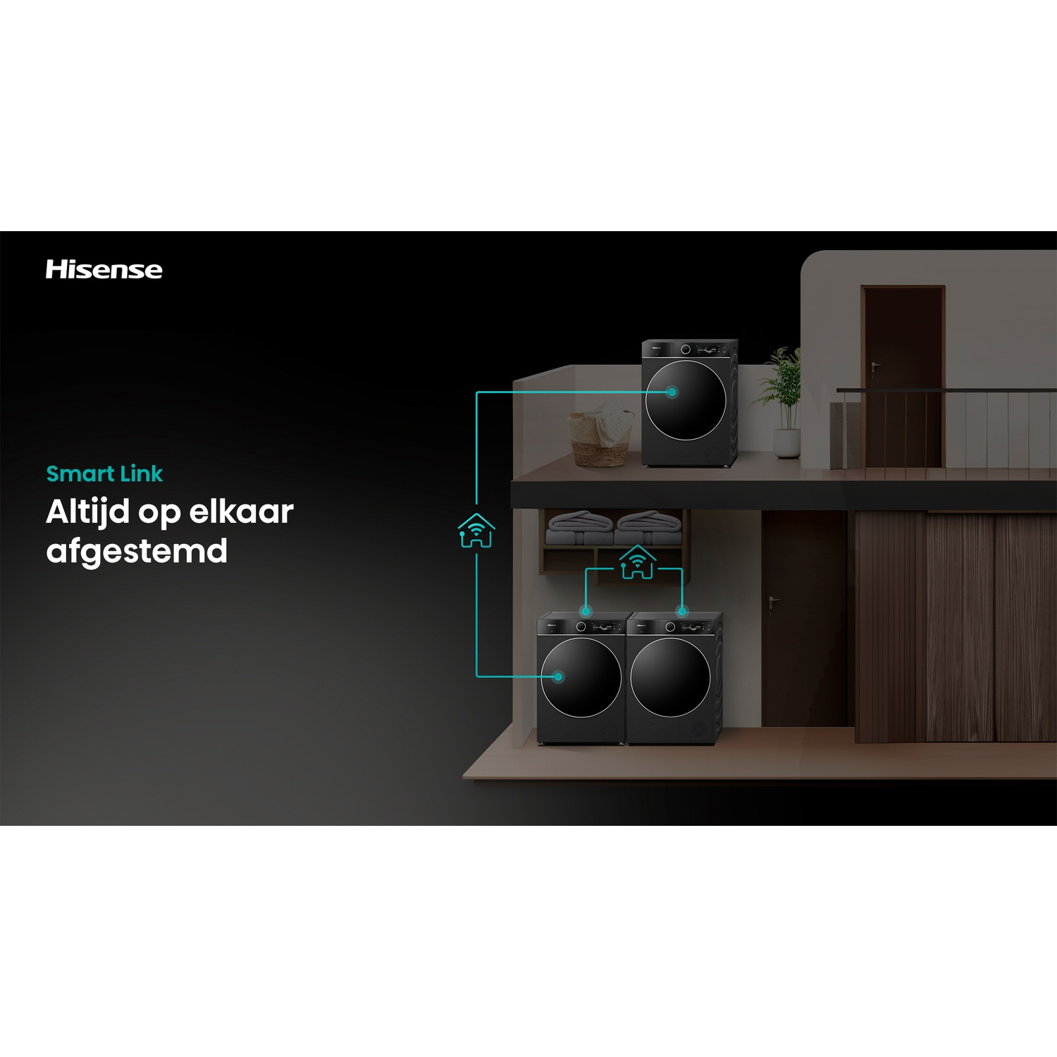 Hisense Smart Link shows connected black washing machines in a stylish home cross-section.