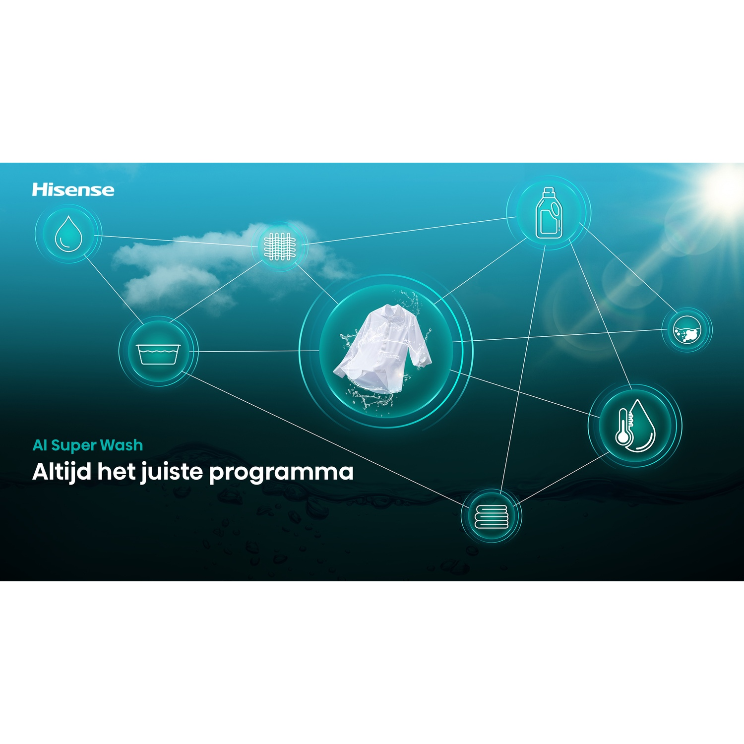 Hisense AI Super Wash graphic displays connected icons around a white shirt on a blue background.