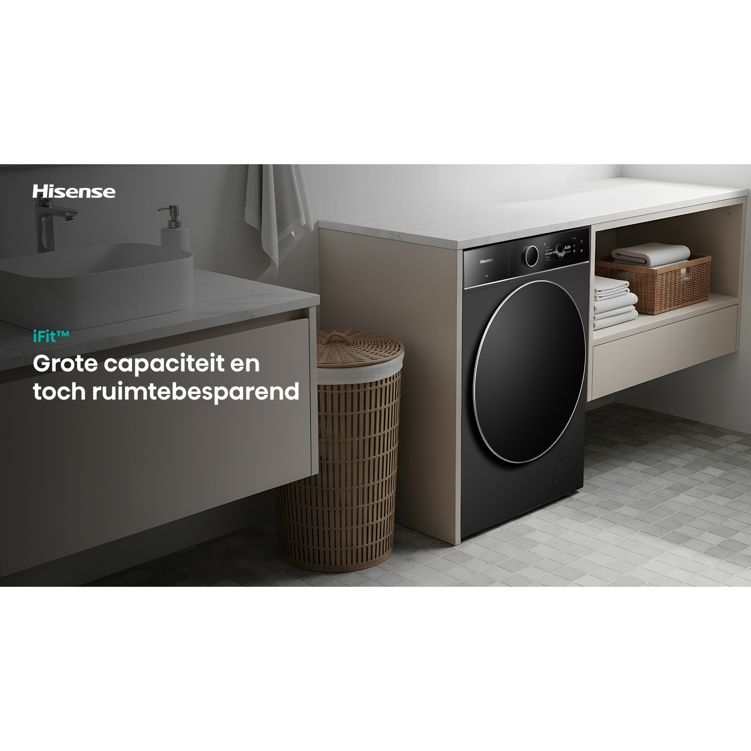 Modern laundry room featuring a black Hisense washing machine, wicker hamper, sink, and tiled floor.
