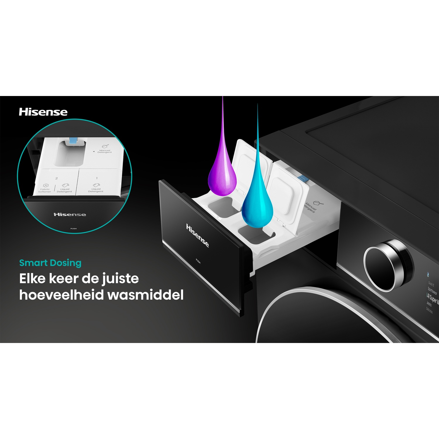 Hisense washing machine with Smart Dosing, showing two liquid drops falling into the detergent drawer.