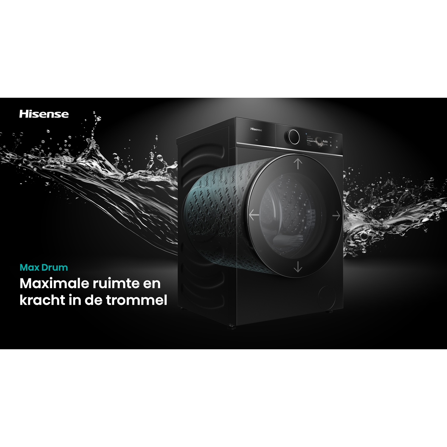 Black Hisense washing machine featuring a transparent drum interior against a dark, watery background.