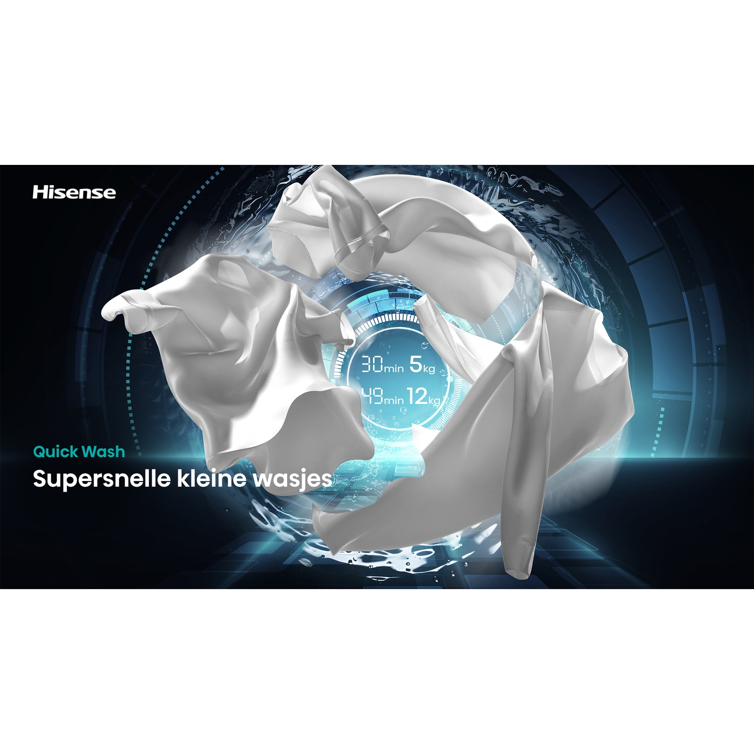 White garments spin inside a washing machine, text reads Quick Wash and Supersnelle kleine wasjes.
