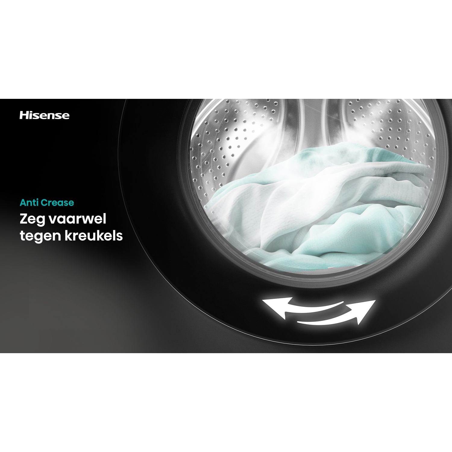 Close-up of a washing machine drum with light blue laundry and steam, featuring Hisense and anti-crease text.