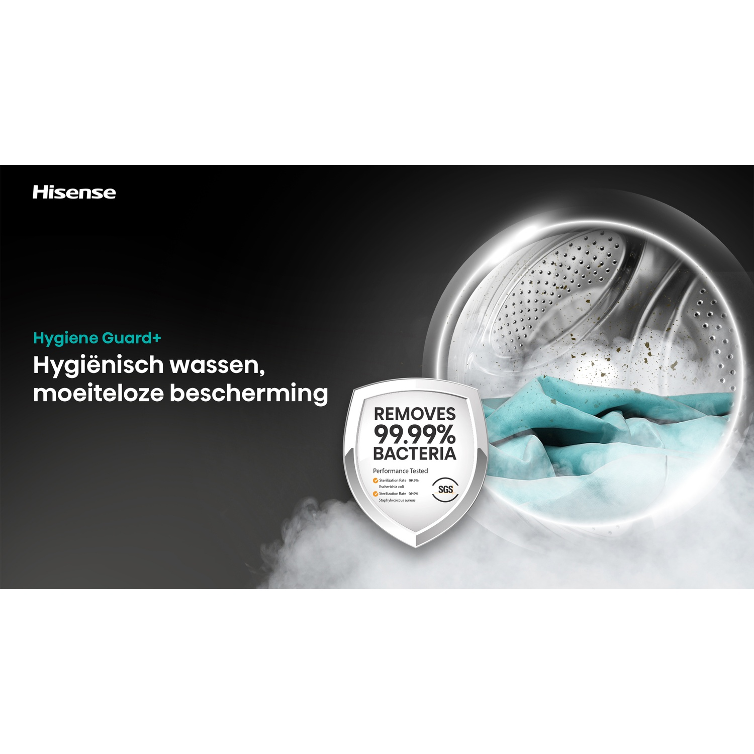 Hisense washing machine interior with steam and a shield stating it removes 99.99% bacteria.