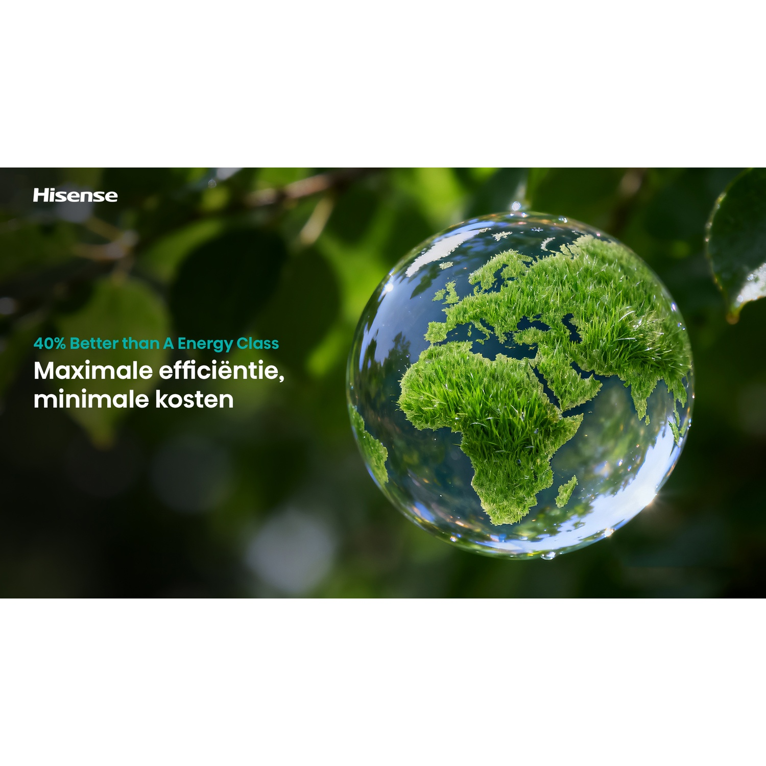 A glass sphere shaped like the Earth with grass inside hangs before a green background with text.