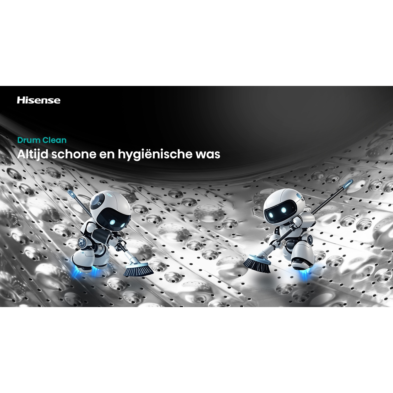 Two small robots sweep the metallic interior of a washing machine drum, with Dutch text overhead.