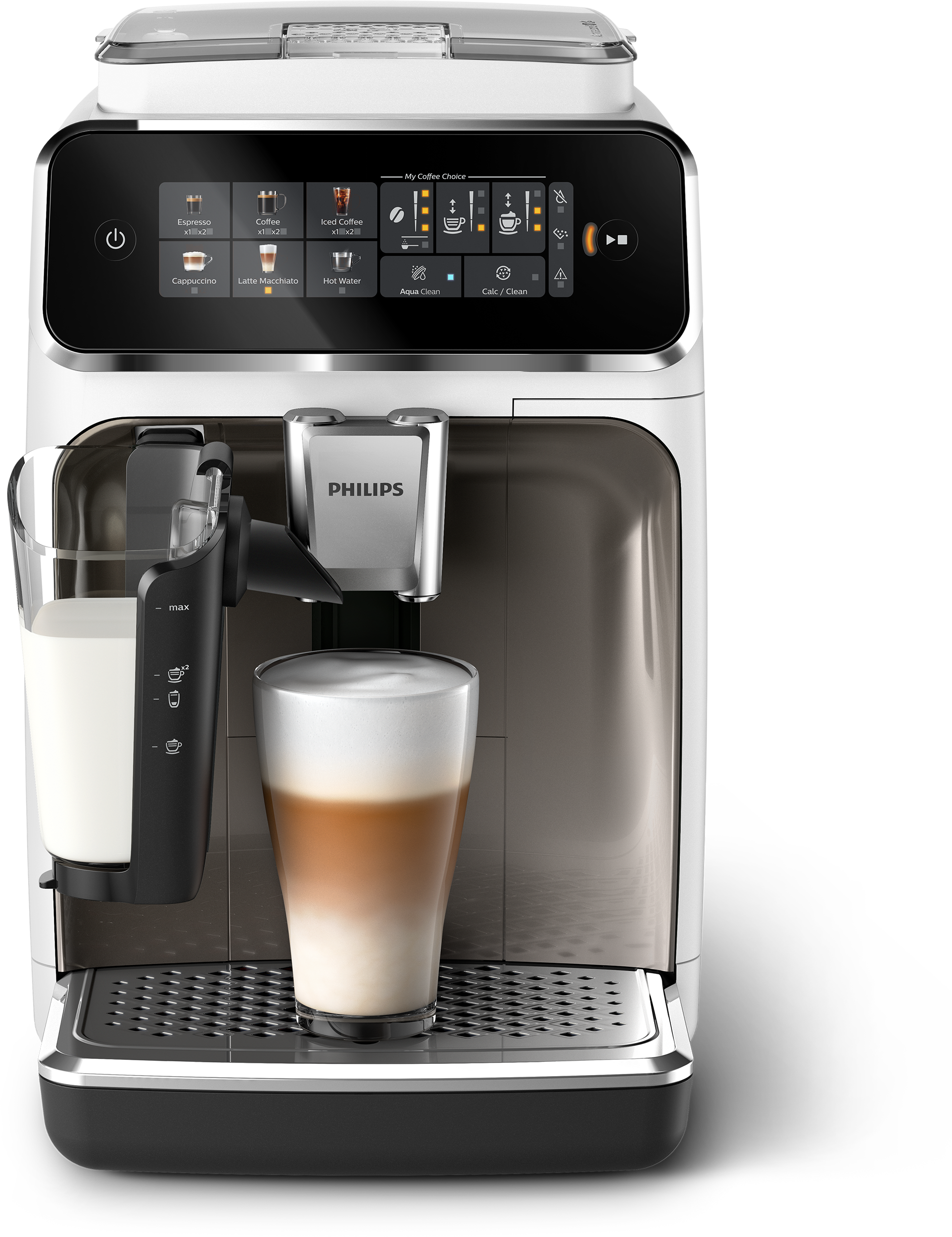 Egy fehér Philips kávéfőző érintőkijelzővel és egy pohár latte macchiatóval a csepptálcán.