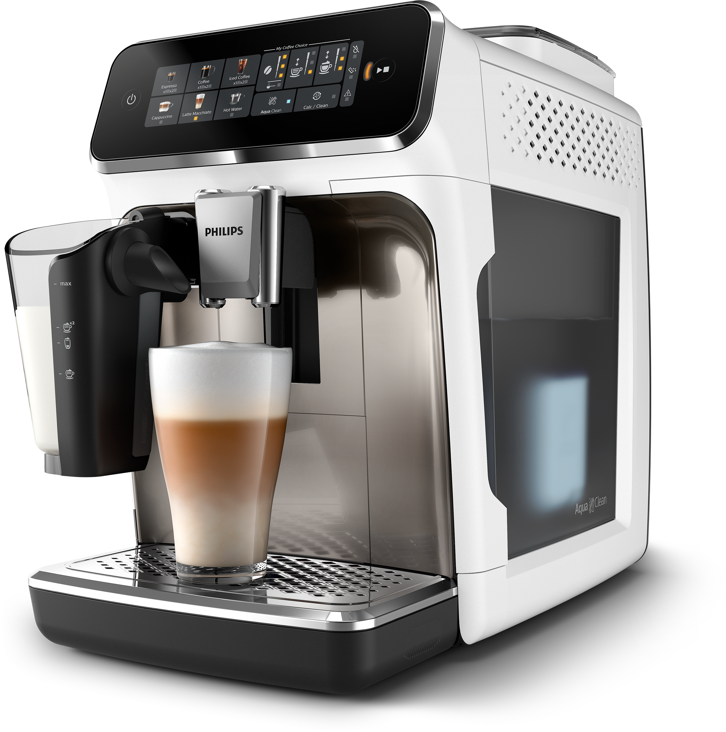 Egy fehér-fekete Philips eszpresszógép, rajta egy pohár rétegezett latte macchiatóval a csepptálcán.