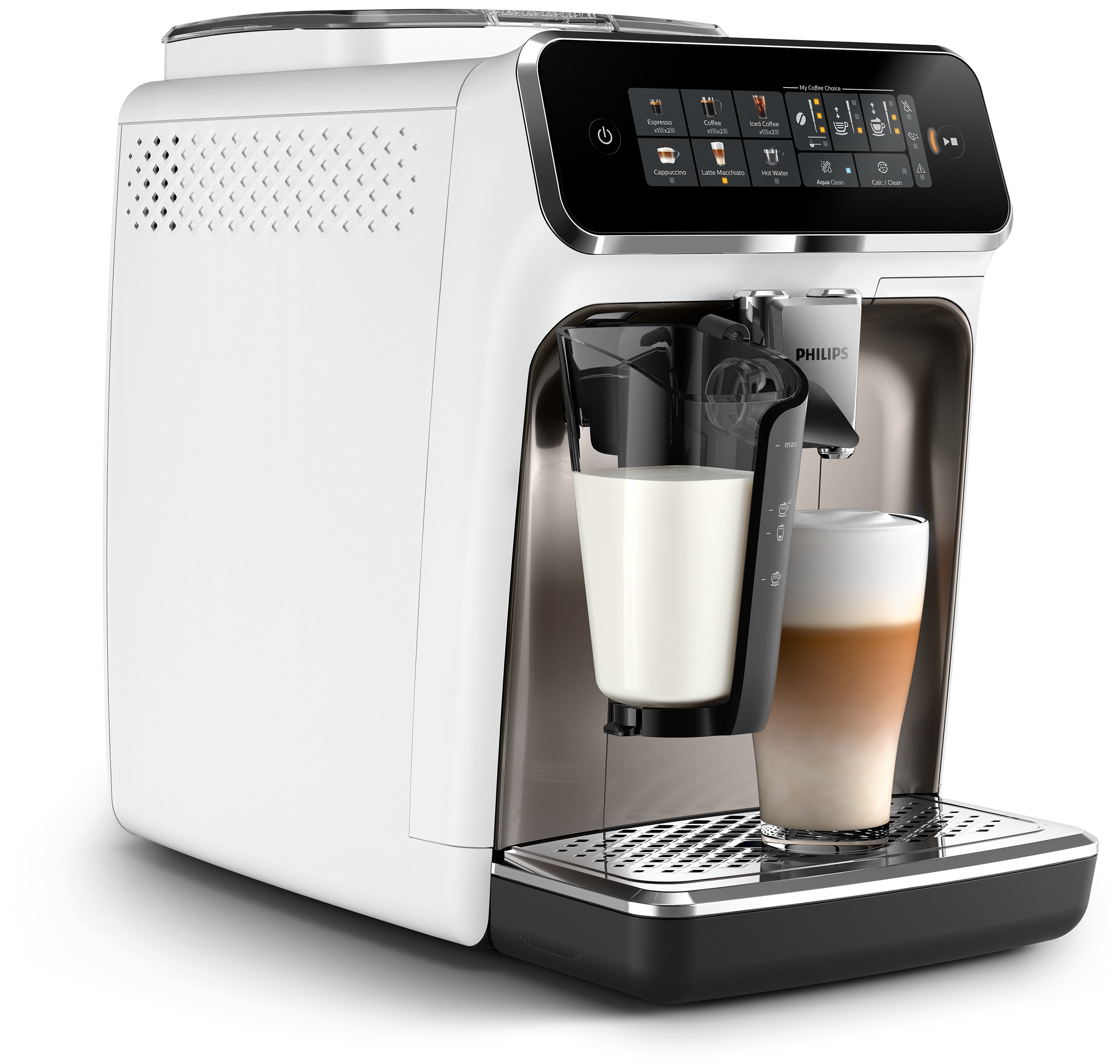 Egy fehér Philips eszpresszógép tejkiöntővel és egy pohár cappuccinóval a csepptálcán.