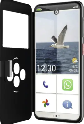 Ein Smartphone mit offener Schutzhülle und einem Bildschirm, der einen fliegenden Vogel zeigt.